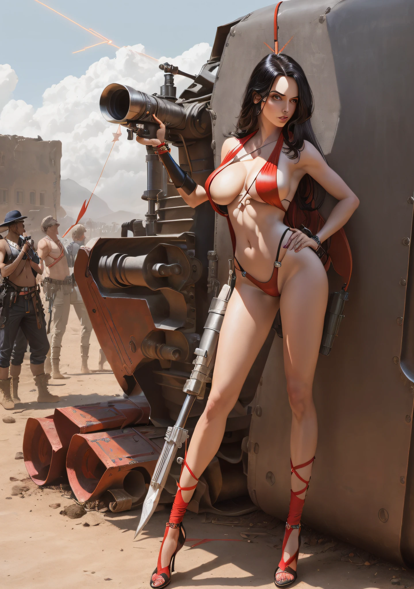 portrait of a postapocaliptic stunning sexy white woman warrior, (((wearing fabric vivid red slingshot, ((onepiece slingshot)), (military belt), machine gun belts))), (((long naked legs, slim body, soft white skin, thin waist, big breast, sexy pose, lush black hairstyle in the style of the 80s))), artistic pose, voluptuous breast, she is holding in hands a big metal futuristic gun, photorealistic, ultra detailed, masterpiece, best quality, HDR, raw photo, realism, standing in front of rusty remains of gigantic robot, (((optimal proportions of four fingers and one thumb)))