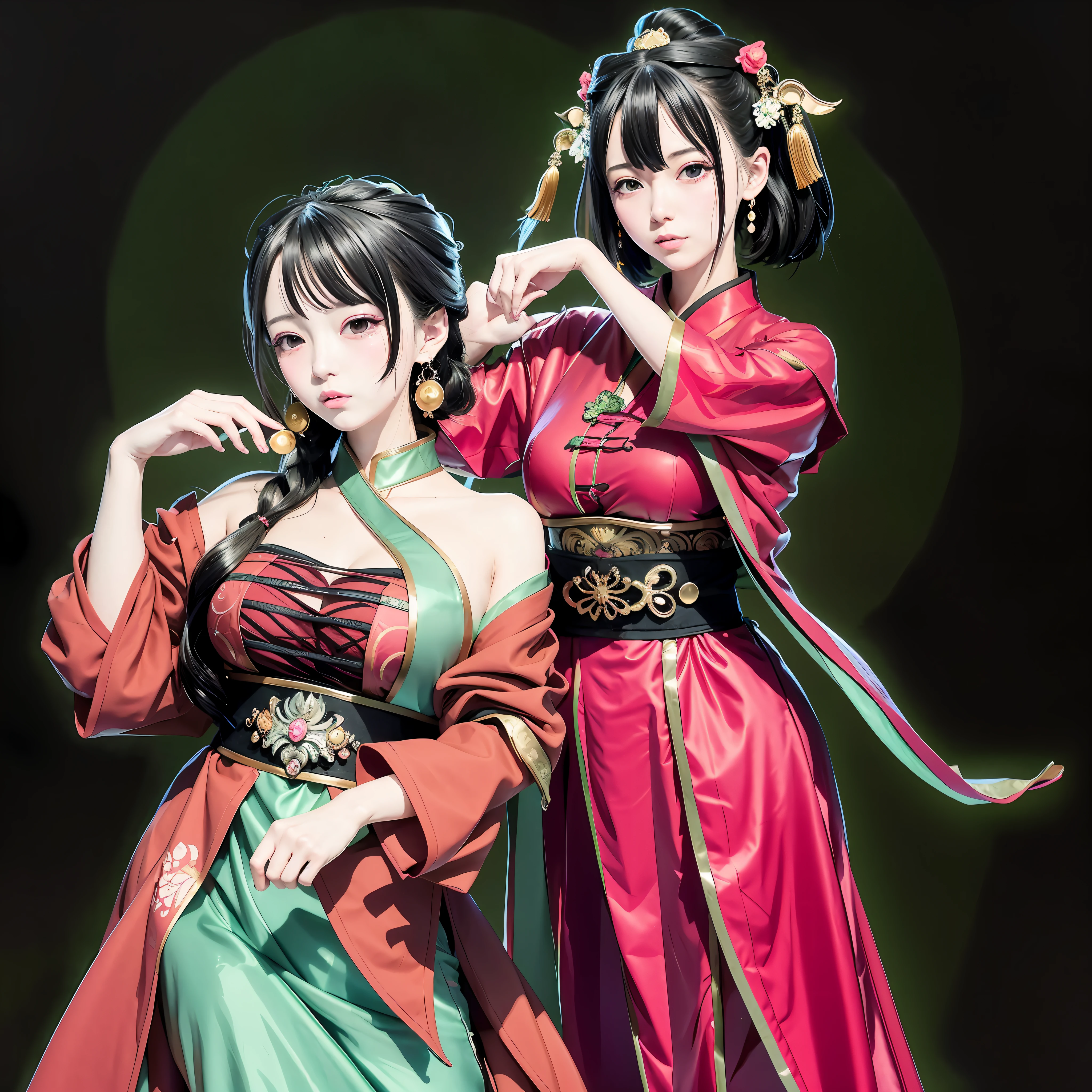 Anime - Style image of two women in traditional costumes posing for photos, anime style 4 K, Sengoku - era art style, two beautiful anime girls, anime style illustration, anime style digital art, anime style artwork, anime style. 8k, anime style digital art, anime style art, digital anime illustration, masterpiece, best quality, beautiful anime style