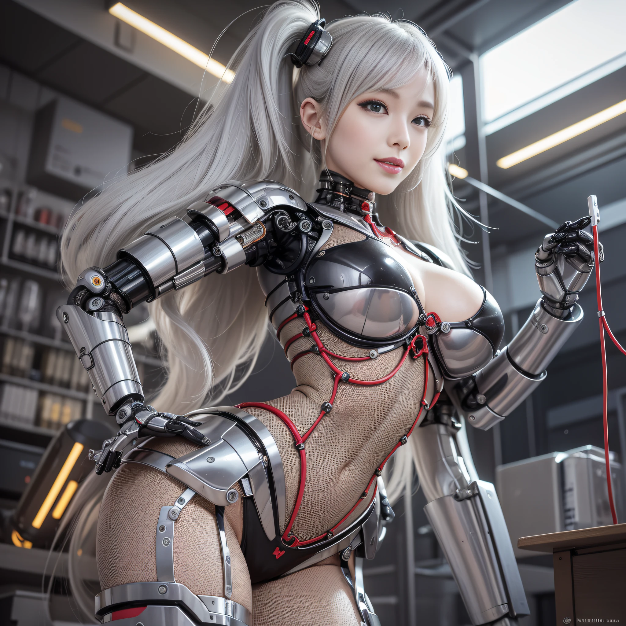 Beautiful Face,face is Japan, 1 Woman, Big, Curvaceous, (16k, RAW photo, top quality, masterpiece: 1.2), (HDR, Realistic, Photorealistic: 1.37) (tube attached to the body), (Bikini Cyborg robot parts)))), (light gray hair), Long hair, Wavy hair, Twin tails, Medium shot, ( Seductive smile)), (black eyes), princess cut,from below,(whole body),posing,,in the lab,( tube connected to blood vessel),((mechanical vertebrae attached to the back)),((mechanical neck attached to the neck)),(wire cable attached to the head and body),(character focus),science fiction,perfect female figure,perfect anatomy,ultraanatomy, Full body shot, up to 4 fingers and 1 thumb relationship,
