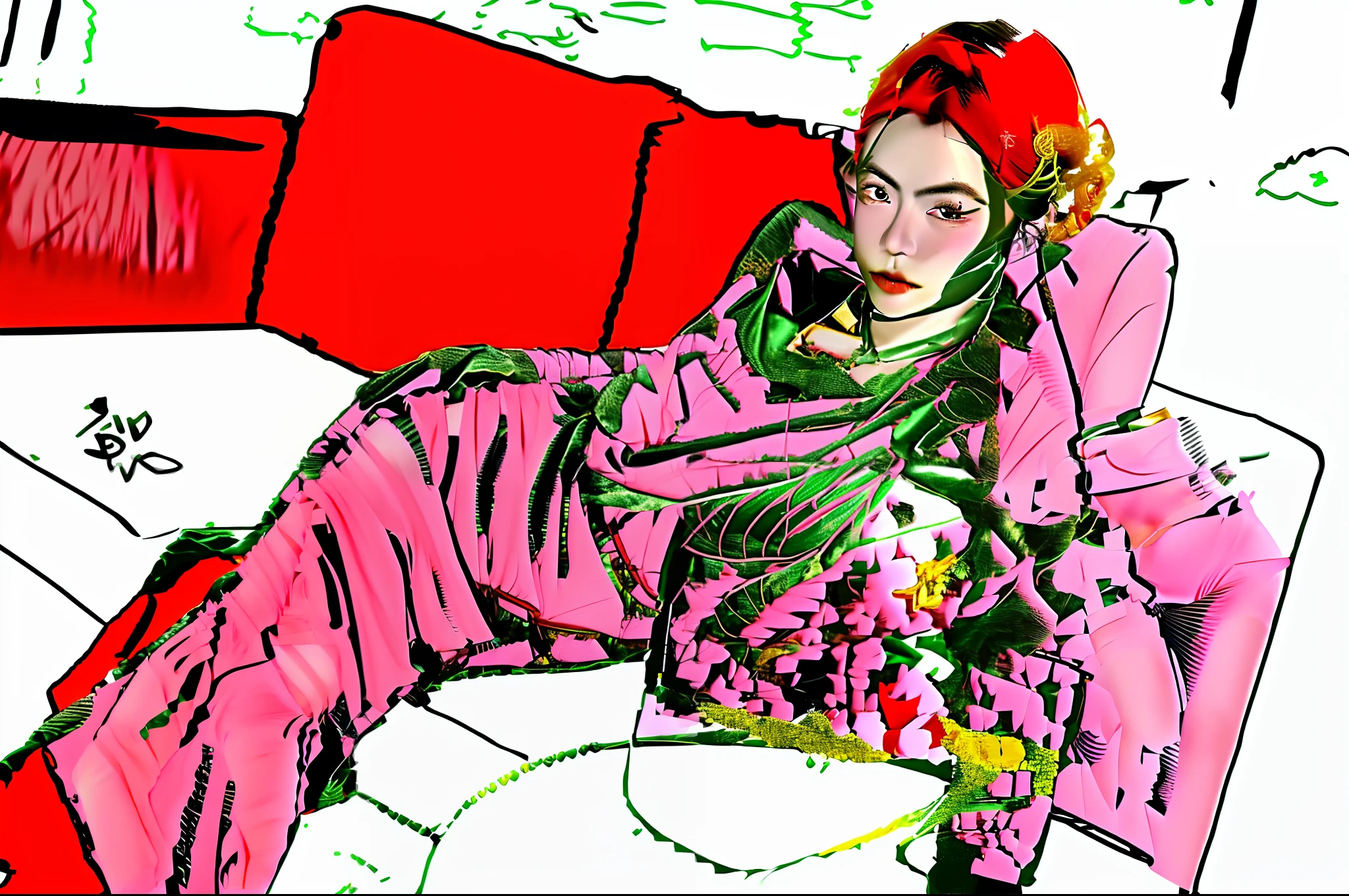 (8k, RAW photo, best quality, masterpiece:1.2), (realistic, photo-realistic:1.4), (extremely detailed CG unity 8k wallpaper), (1 girl:1.5), Western beauty, (Red clothes: 1.4), red spots on forehead, pale skin, blush, big eyes, full body, thighs, open navel, gold waist chain, gold jewelry, flying ribbons, particles, background is Loulan ancient city, ancient city wall, desert, dance, dunhuang_dress, dunhuang_style,