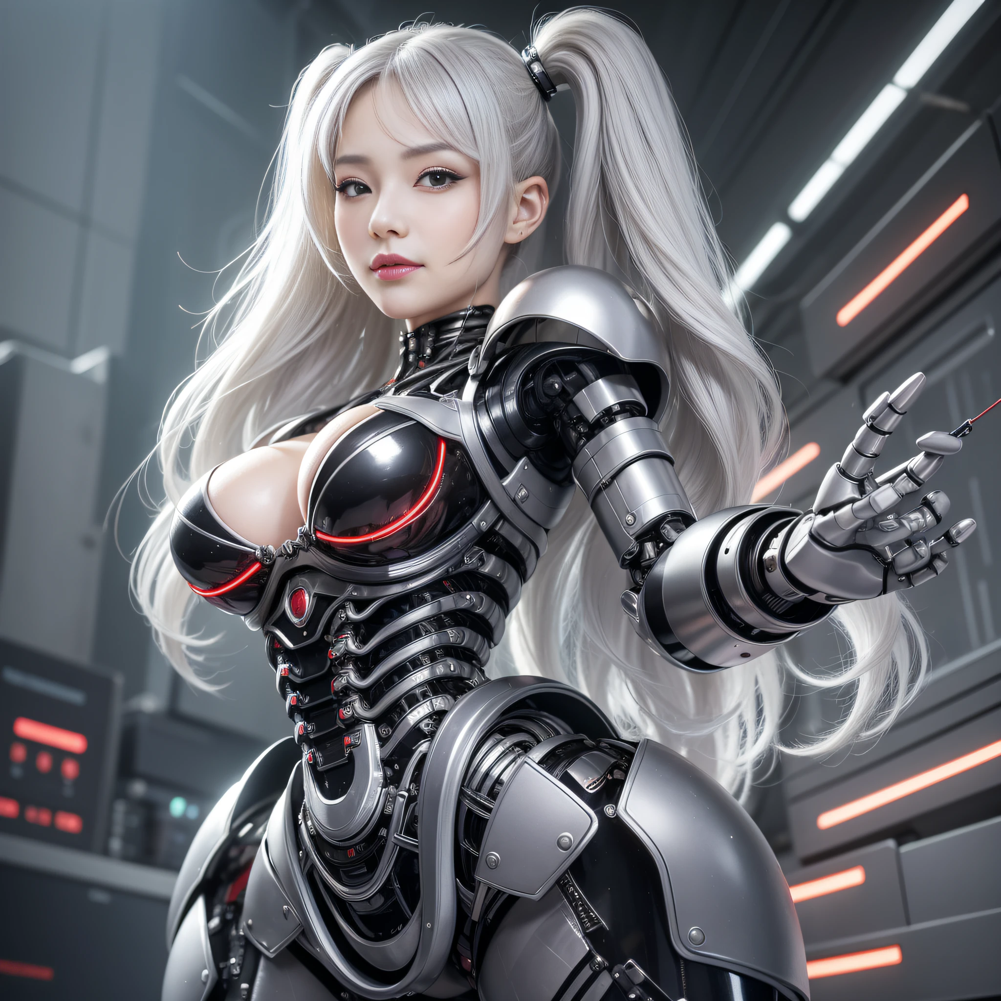 Beautiful Face,face is Japan, 1 Woman, Big, Curvaceous, (16k, RAW photo, top quality, masterpiece: 1.2), (HDR, Realistic, Photorealistic: 1.37) (tube attached to the body), (Bikini Cyborg robot parts)))), (light gray hair), Long hair, Wavy hair, Twin tails, Medium shot, ( Seductive smile)), (black eyes), princess cut,from below,(whole body),posing,,in the lab,( tube connected to blood vessel),((mechanical vertebrae attached to the back)),((mechanical neck attached to the neck)),(wire cable attached to the head and body),(character focus),science fiction,perfect female figure,perfect anatomy,ultraanatomy, Full body shot, up to 4 fingers and 1 thumb relationship,