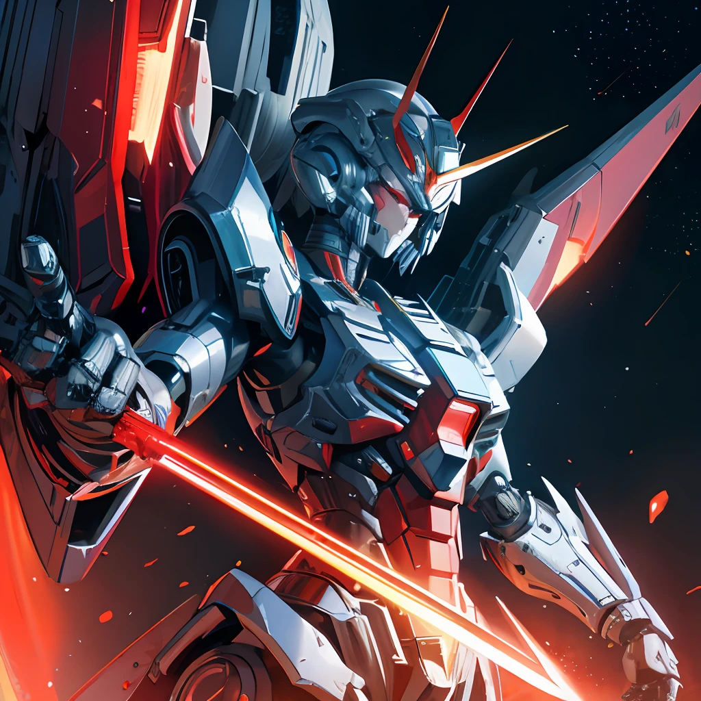 ultra realistic gundam of a Gundam-style robot fighting in space, the full-body shot of the robot is filled with intricate mechanical details. The upper body is colored in dark blue, yellow, and red, while the lower body is white and blue. The left shoulder bears the number 923, and the right shoulder has the number 88. The robot's left hand is raised high, holding a large sword. The robot has a pair of red and black mechanical wings that radiate red laser jets. The right wing also carries a long laser cannon that can extend from the right side of the robot's torso. In addition, there is a small mechanical shield attached to the robot's right arm, galaxy reflections, deep space , detailed intricate ornate armour, cybernetic, full of colour, cinematic lighting, battered, trending on artstation, hyperrealistic, focused, extreme details,unreal engine 5, cinematic, masterpiece, wide shot, eldritch horror,blade runner, --ar 16:9 --niji 5