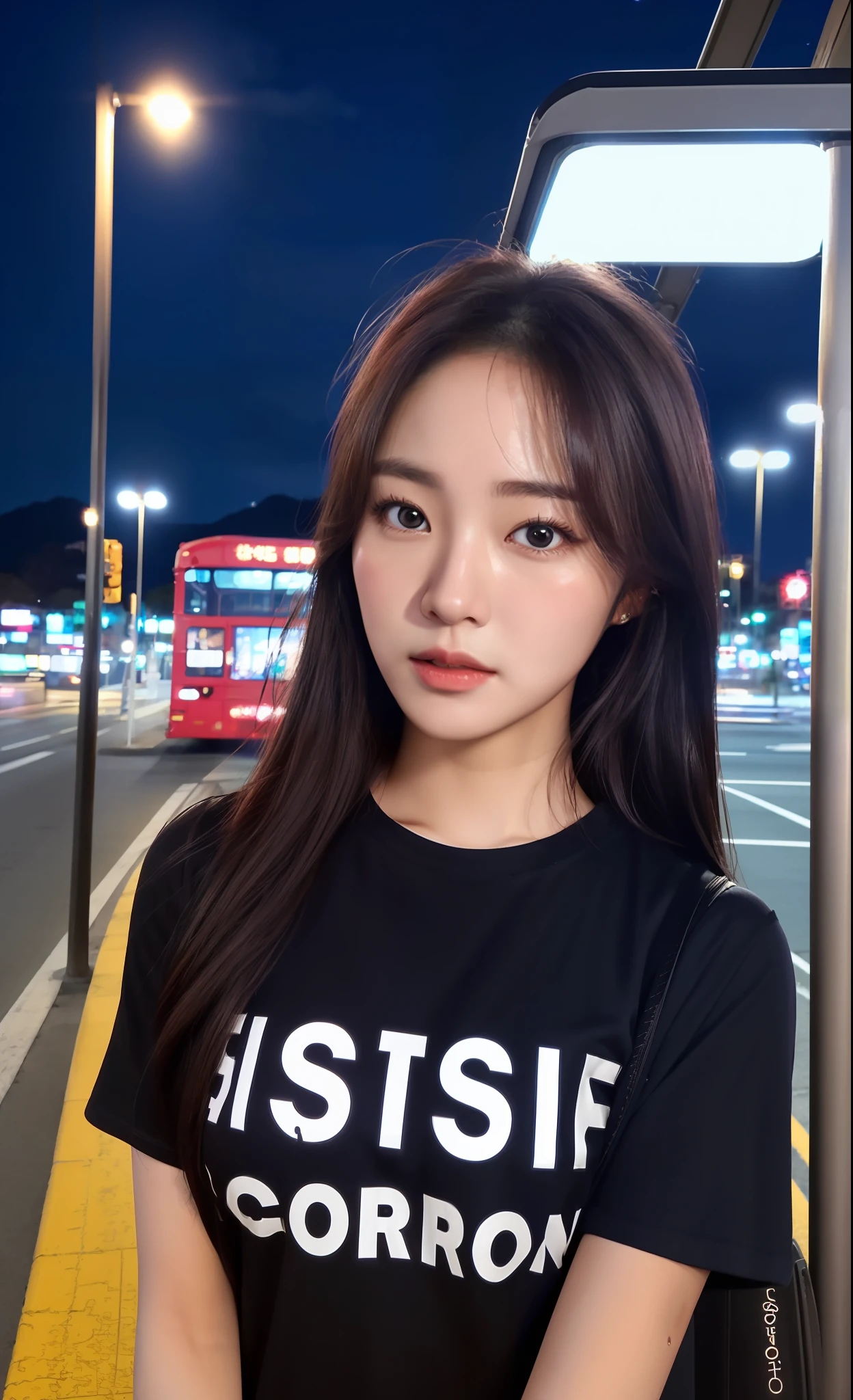 Realistic photo of (1cute Korean actress), t-shirt, at the bus stop, night view backdrop,Canon EOS, clear facial features, close up portrait, cinematic mode, 8K
