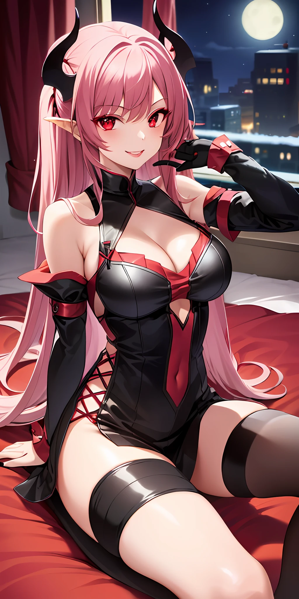 1girl, solo, long hair, busty, thighs, succubus outfit, lips, eyeshadow, red eyes, fangs, smiling, sitting on bed, night