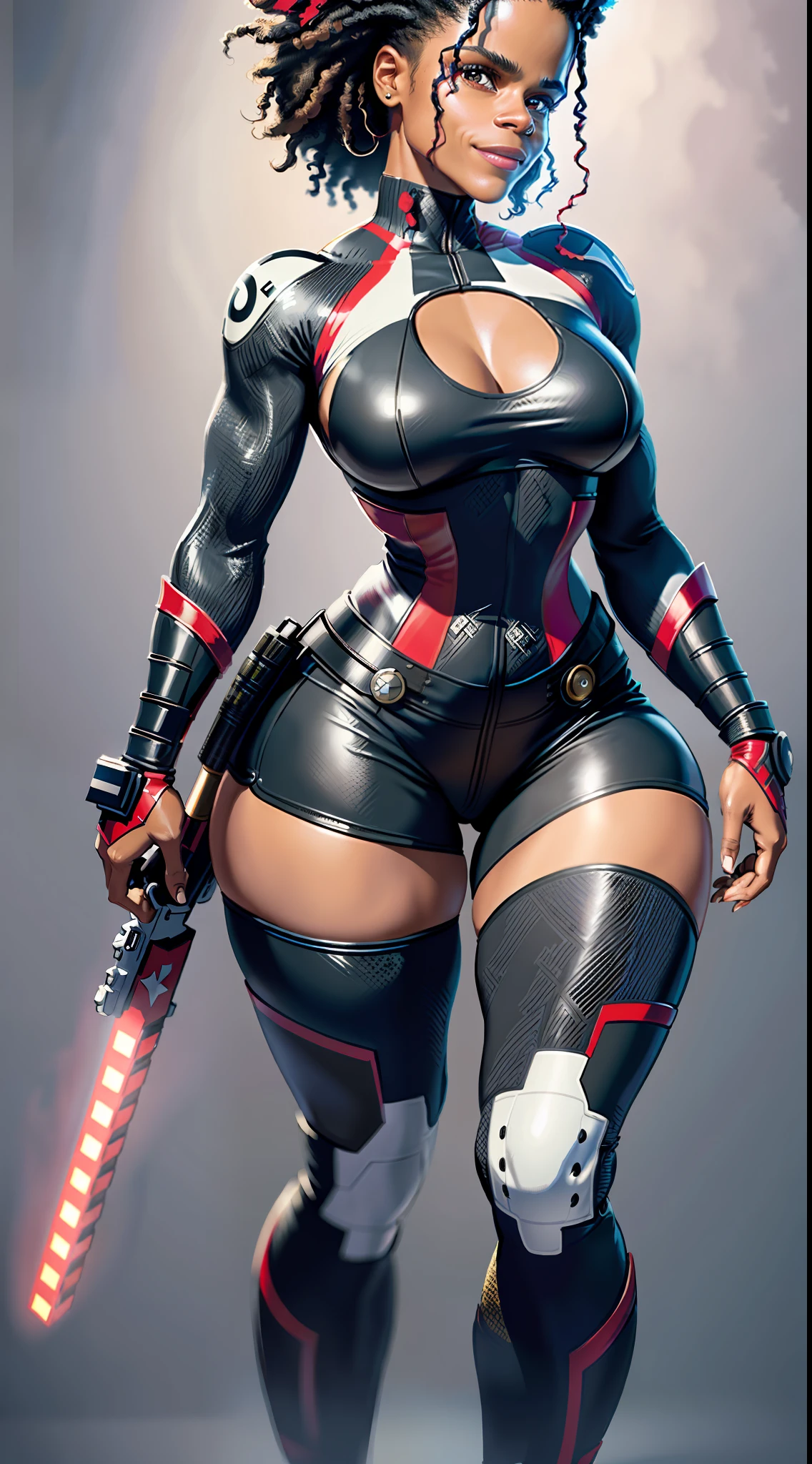 masterpiece, maximum quality, ultra high resolution, 8k, Zazie Beetz (Domino - Deadpoll 2 Movie), full body, thin, very detailed face, identical face, detailed eyes, cheerful smile, wide hips, thick thighs, smooth and soft pellet, wearing micro uniform, back to camera, prancing butt