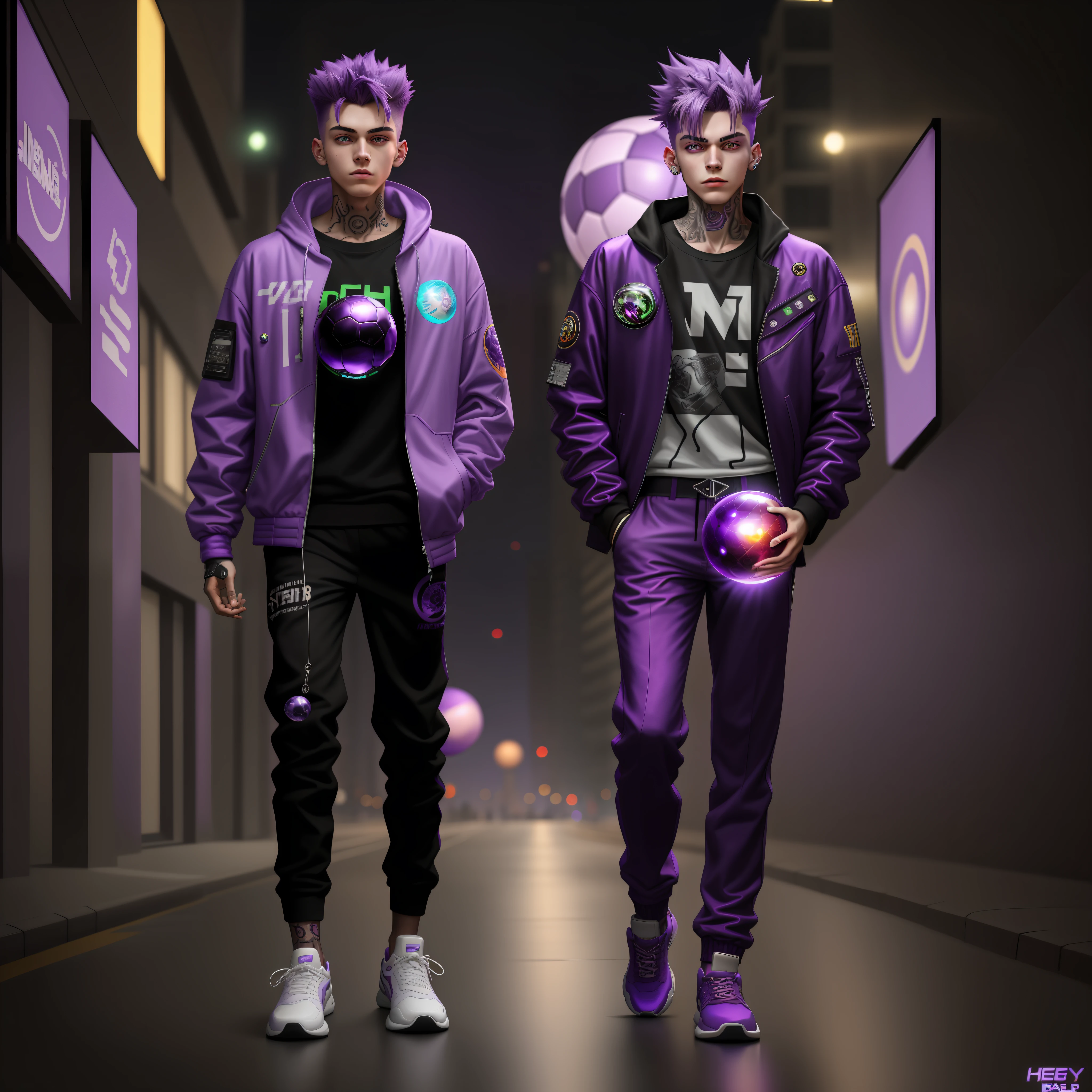 18 year old young man, purple hair, purple jacket, tattoo, pants, purple sneakers, purple eyes, (((with purple energy ball))) realistic,8k,bright colors,cyberpunk city,full moon,night, full body, serious