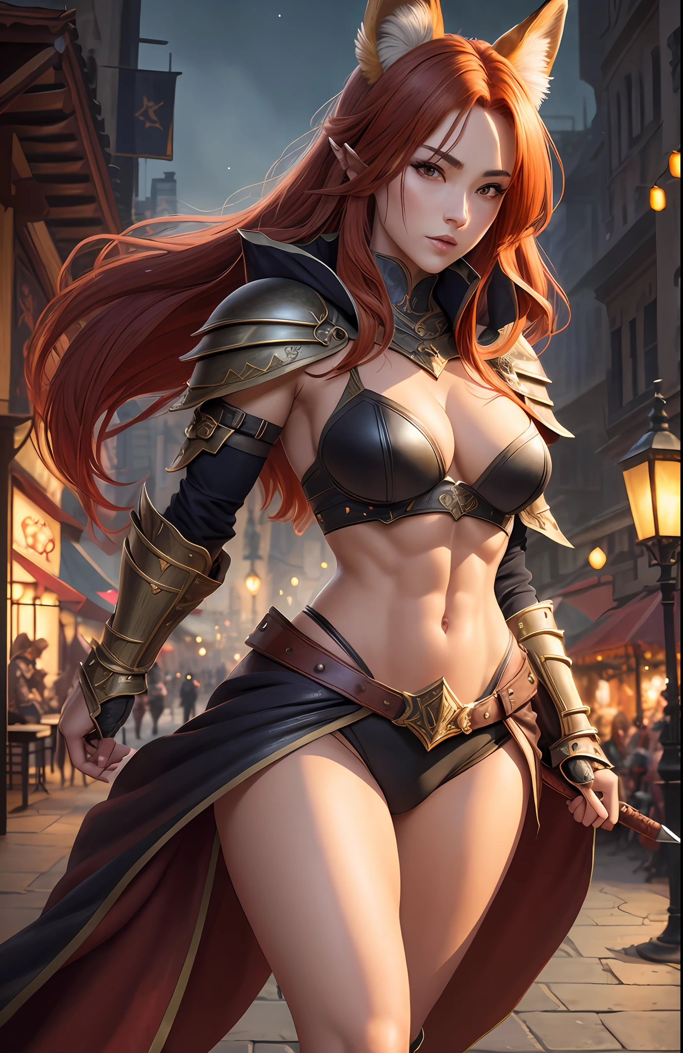 proportional eyes, extremely detailed, hyper detailed, soft lighting, detailed background, extreme detail background, sharp details, (wide shot), (full body), mature fox woman, anthro, a fox tail, natural red hair, fox ears, fox tail, tight abs, medium breasts, wide hips, thick thighs, red pubic hair. Wearing a dark cloak, skimpy leather armor, dagger in hand. Fantasy market street setting at night