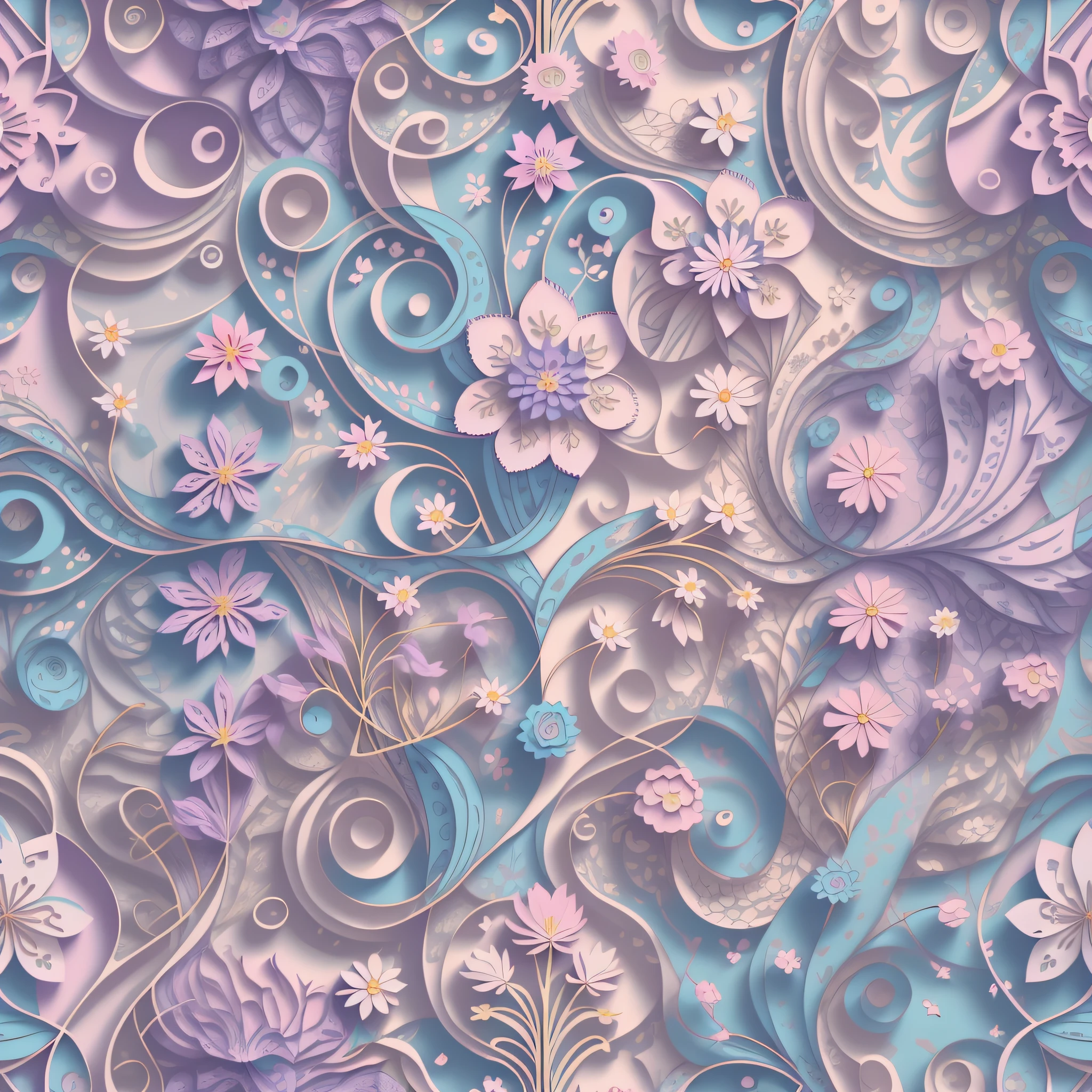 Flat style wallpaper, vector style floral vine pattern with pastel color tones including old pink, pastel blue, light blue, beige, soft purple, soft yellow and white without obvious shadows.