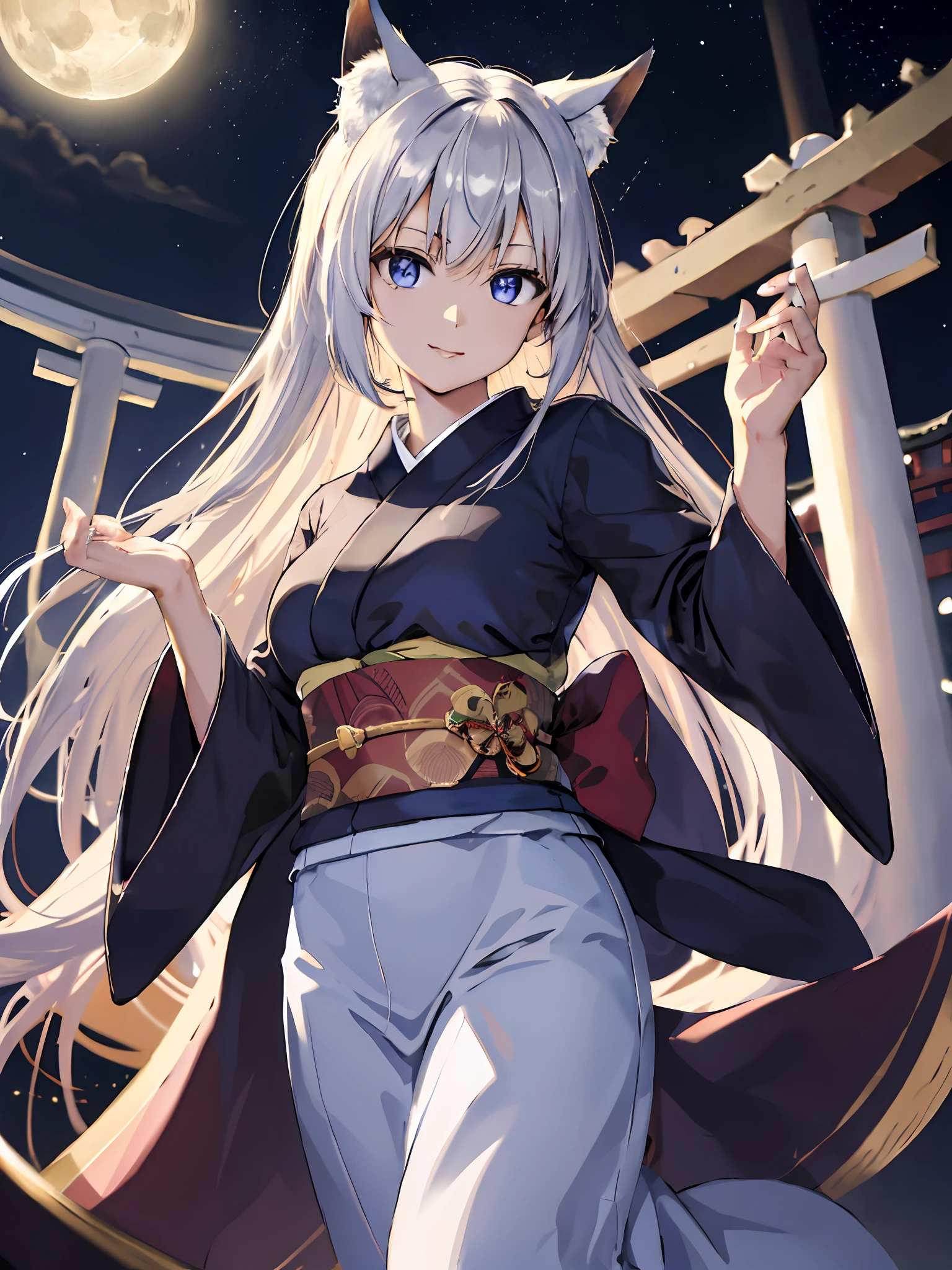 (absurdres, highres, ultra detailed), one woman, mature woman, aged, straight long hair, shiny beautiful hair, blue eyes, bangs, long sleeves, finely drawn eyes and detailed face, eye highlights, hands without breakage, rich lighting, highly detailed CG Unified 8K wallpaper, intricate details, portrait, gazing, solo, half shot, finely drawn face, soft smile, dynamic pose, classical period, (Ancient Japanese Subject: 1.1), Japanese mythology, fox ears, Japanese people, ruler, blue kimono, floral kimono, ancient theme, ( (Prosperous Civilization: 1.1), Moon in background, (Immaculate: 1.1) shrine, Japanese landscape, ancient city in background, fox mask on head, fantastic, dreamy, dancing lights, lantern, austere, night, darkness, stars, portrait, cinematic lighting