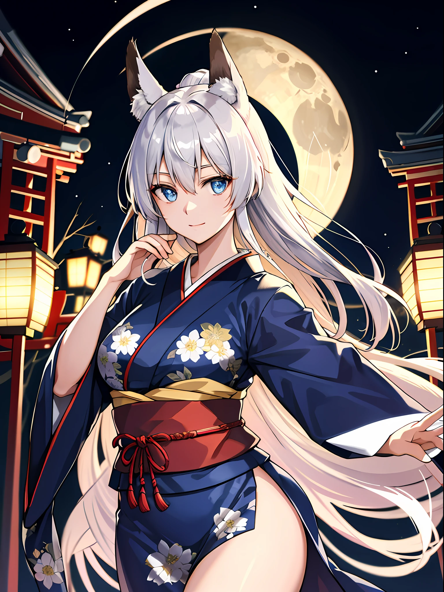 (absurdres, highres, ultra detailed), one woman, mature woman, aged, long straight hair, shiny beautiful hair, blue eyes, bangs, long sleeves, detailed eyes and fine face, eye highlights, hidden hands, rich lighting, highly detailed CG 8K wallpaper, intricate details, portrait, gazing, solo, half shot, finely drawn face, soft smile, dynamic pose, classical period, (Ancient Japanese Subject: 1.1), Japanese mythology, fox ears, Japanese people, ruler, blue kimono, floral kimono, ancient theme, ( (Prosperous Civilization: 1.1), Moon in background, (Immaculate: 1.1) shrine, Japanese landscape, ancient city in background, fox mask on head, fantastic, dreamy, dancing lights, lantern, austere, night, darkness, stars, portrait, cinematic lighting