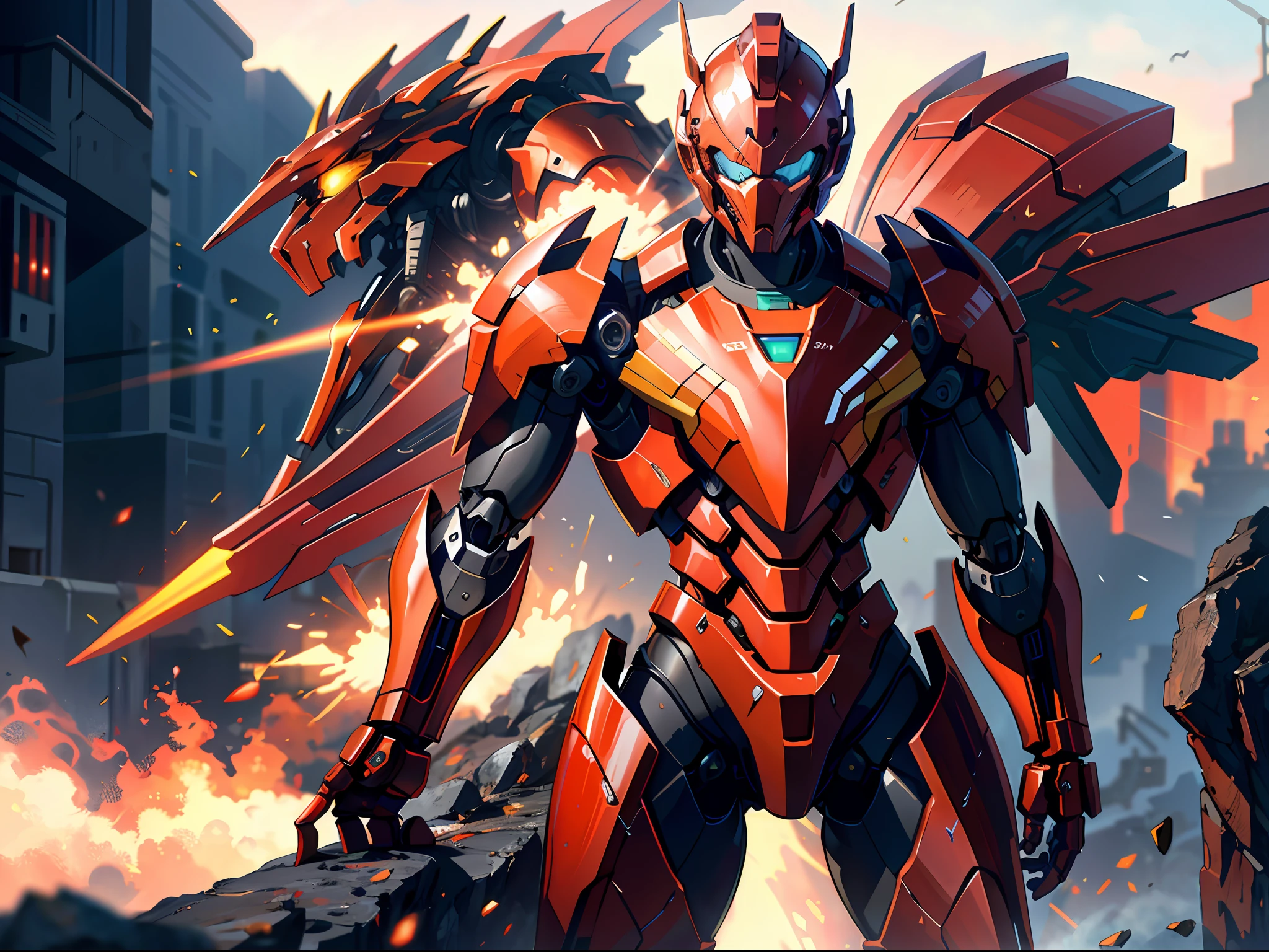 (HD Clear: 1.2, Best Image: 1.2), Illustrations, (Red Mech: 1.5, Morphing Mech: 1.3, Fighter: 0.9), Super Detailed, Powered, Mechanical Tail