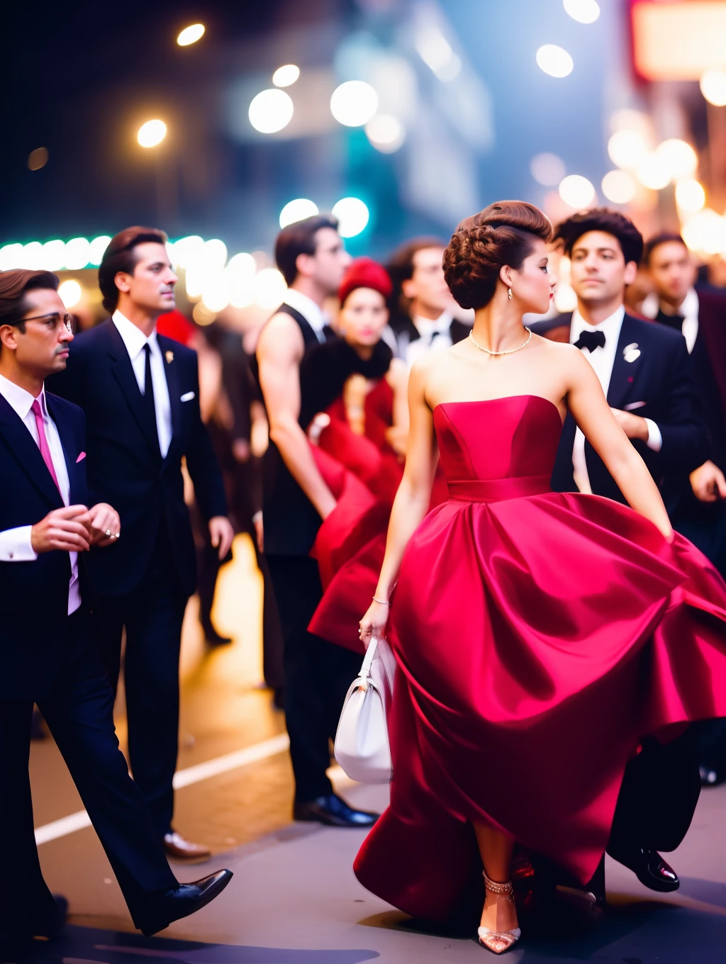 Street photographers, a beautiful woman in couture high fashion, in the style of Eric Pare, in motion, many people on the background, film photography, 35mm, f/1.4 lens, cinestill 800