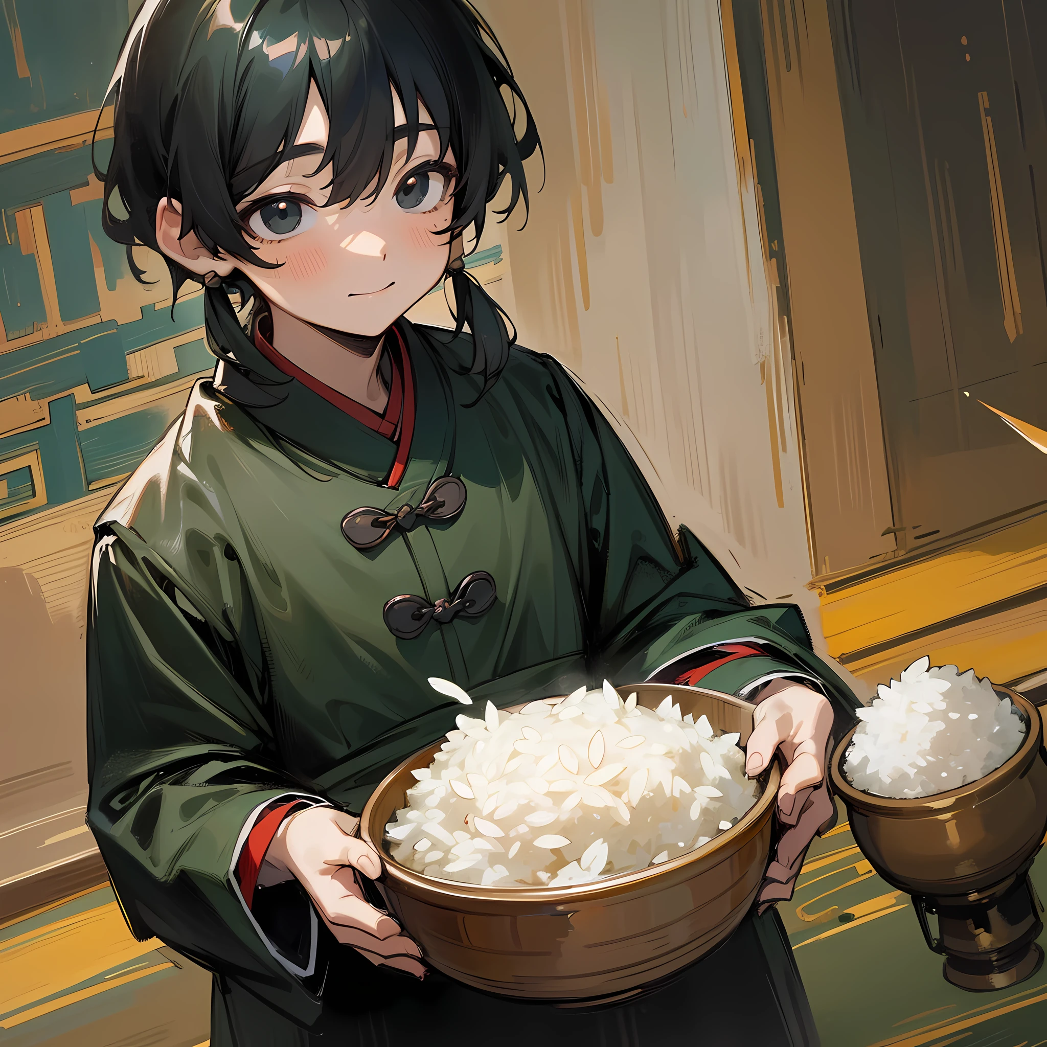 8k, masterpiece, high quality, men, children, black hair and black eyes, oil painting, Q version, green long sleeves, Chinese children's clothing, holding rice, happy