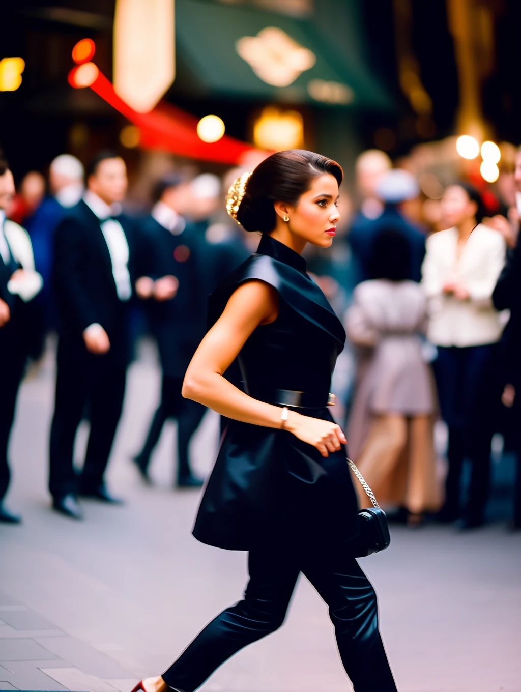 Street photographers, a beautiful woman in couture high fashion, in the style of Eric Pare, in motion, many people on the background, film photography, 35mm, f/1.4 lens, cinestill 800