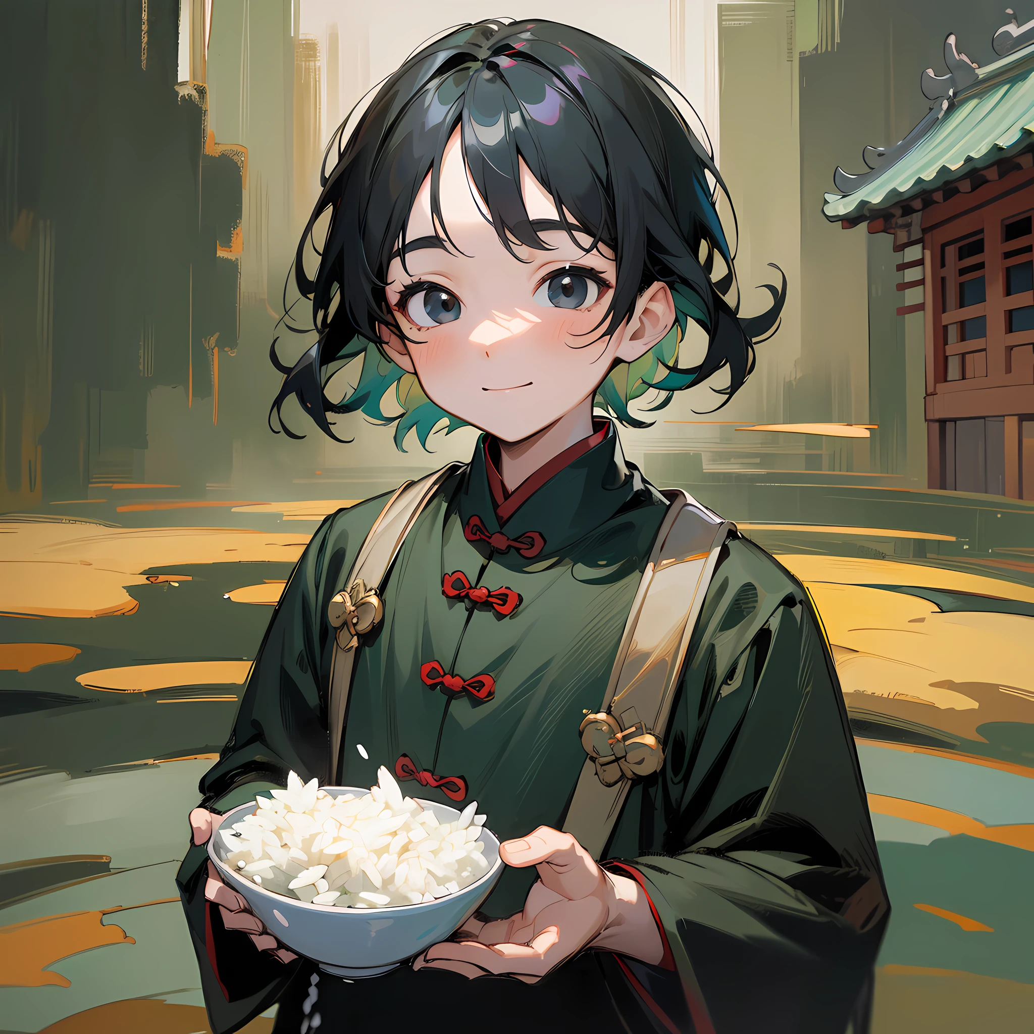 8k, masterpiece, high quality, men, children, black hair and black eyes, oil painting, Q version, green long sleeves, Chinese children's clothing, holding rice, happy