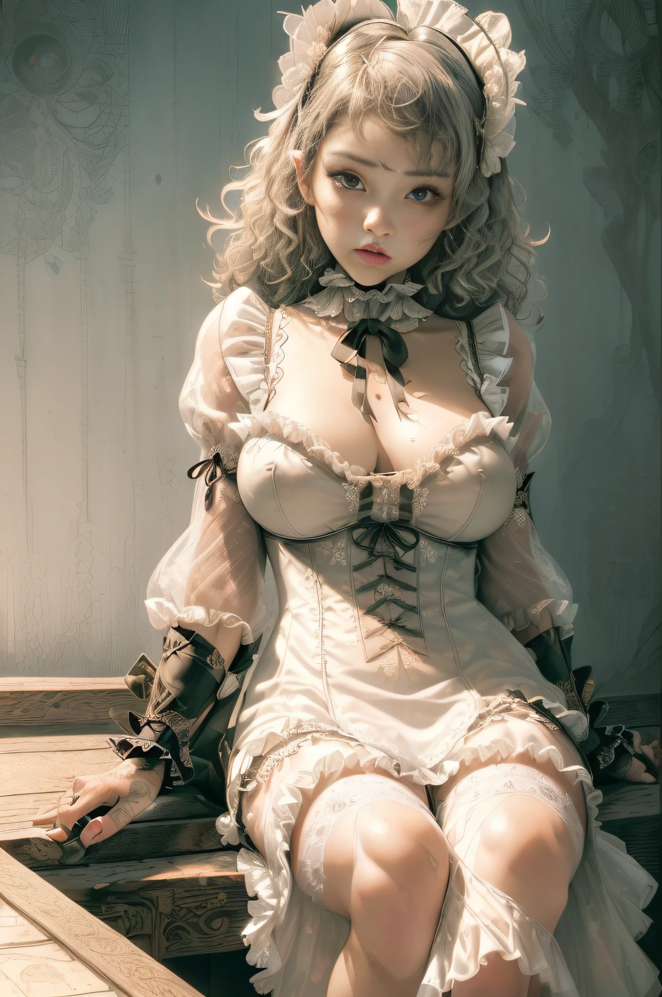 [Detailed illustrations, art based on extremely ideal anatomy, very detailed and detailed drawings, slow and delicate lines, realistic texture expression],(((Color tressed lines)),(Artwork with outstanding craftsmanship),(((Strange bedroom background)),Girl Japanese Beauty 15 years old (Luxury girl) [Cat ears (plump) (large, drooping breasts, (wide areolas))], Babydoll White Corset (Ribbon Ruffled Lace Fabric (Lolita Fashion)),(Realistic and Lustrous Skin Expression ((High Humidity))(Soft Body))),Transparency Soft Ambient Light,Gravure (((Seated Weakness)))),((Fine and Beautiful Skin Expression (Transparency))),(Perfect and Beautiful Face,Realistic Face Details),(Perfect Eyes (Realistic Eye Details (Beautiful iris drawn in detail(sharp pupils))),(Perfectly proportioned proportions)),(Design built to a high level,((Advanced structural understanding)),Ideal color coordination),(((Complex decoration (Ultra-dense detail))),(Detail,High definition),[Ultra-precision detail,HighQuality,High resolution,(Multilayer texture))],(( Accurate simulation of the interaction between light and material, understanding of air flow, mechanically correct expression))), ((visual art with a sense of narrative)).