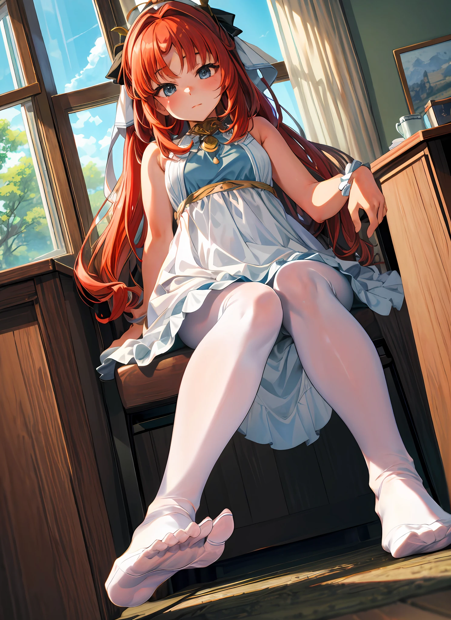 {{masterpiece}},illustration,best quality,extremely detailed CG unity 8k wallpaper,1girl_solo, full_body, from_below, looking_at_viewer, looking_down,((white pantyhose: 1.5)), (no shoes:1.3),chair,twintail,red hair,braided bangs,Sexy and charming panties,revealing dress,window,(Close-up of the foot),hair_ribbon,strong rim light,花,cameltoe,