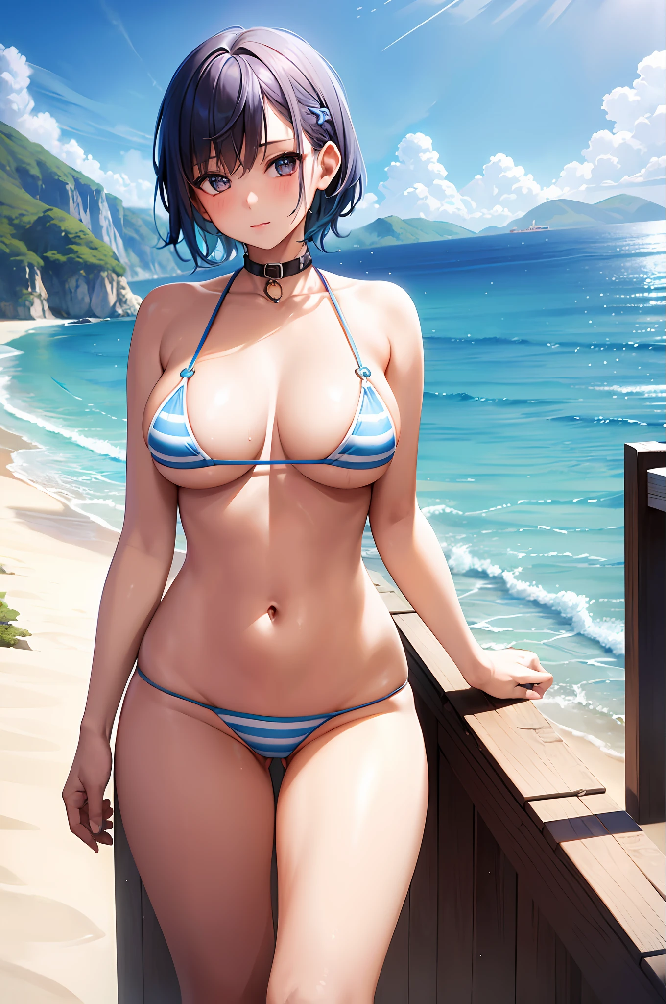 One girl, striped micro bikini, young, cute, beautiful girl, blue hair shorthair, big, (face to chest up), wet body, perfect body, seaside, best image quality, best quality, super high resolution, masterpiece,