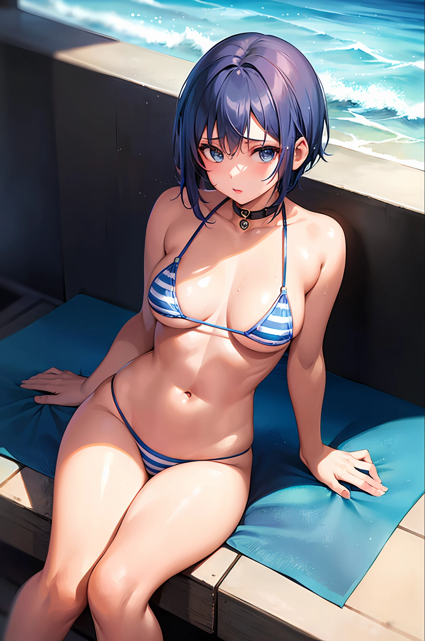 One girl, striped micro bikini, young, cute, beautiful girl, blue hair shorthair, big, (face to chest up), wet body, perfect body, seaside, best image quality, best quality, super high resolution, masterpiece,