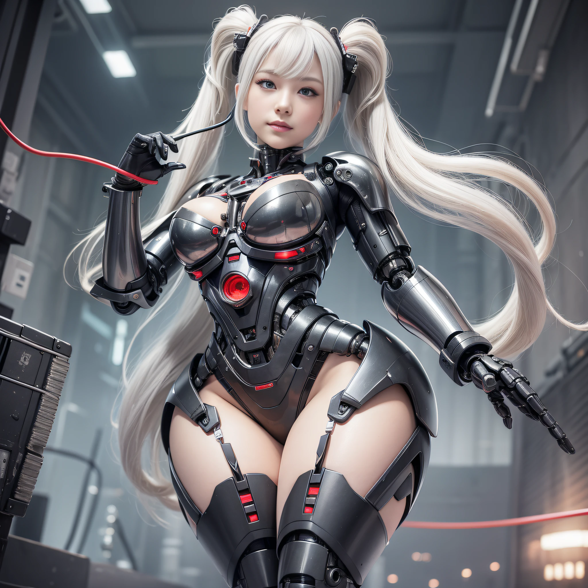 Beautiful Face,face is Japan, 1 Woman, Big, Curvaceous, (16k, RAW photo, top quality, masterpiece: 1.2), (HDR, Realistic, Photorealistic: 1.37) (tube attached to the body), (Bikini Cyborg robot parts)))), (light gray hair), Long hair, Wavy hair, Twin tails, Medium shot, ( Seductive smile)), (black eyes), princess cut,from below,(whole body),posing,,in the lab,( tube connected to blood vessel),((mechanical vertebrae attached to the back)),((mechanical neck attached to the neck)),(wire cable attached to the head and body),(character focus),science fiction,perfect female figure,perfect anatomy,ultraanatomy, Full body shot, up to 4 fingers and 1 thumb relationship,