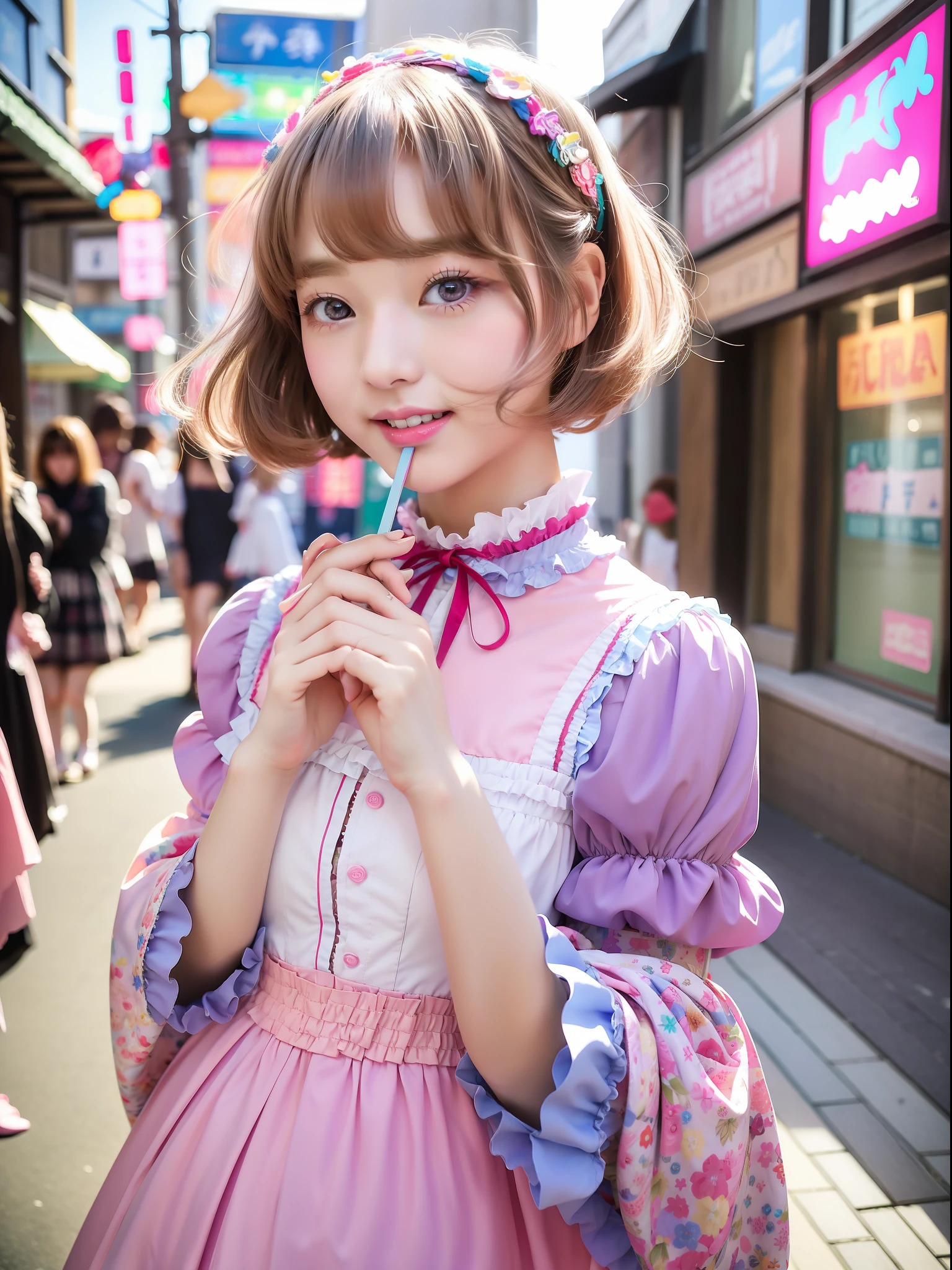 1 girl, solo, (short hair), japanese idol, perfect figure, beautiful eyes double eyelids, lolita fashion, colorful pastel color clothes, 26 years old, downtown like Harajuku, broad smile, upper body, blow a wind, slim body