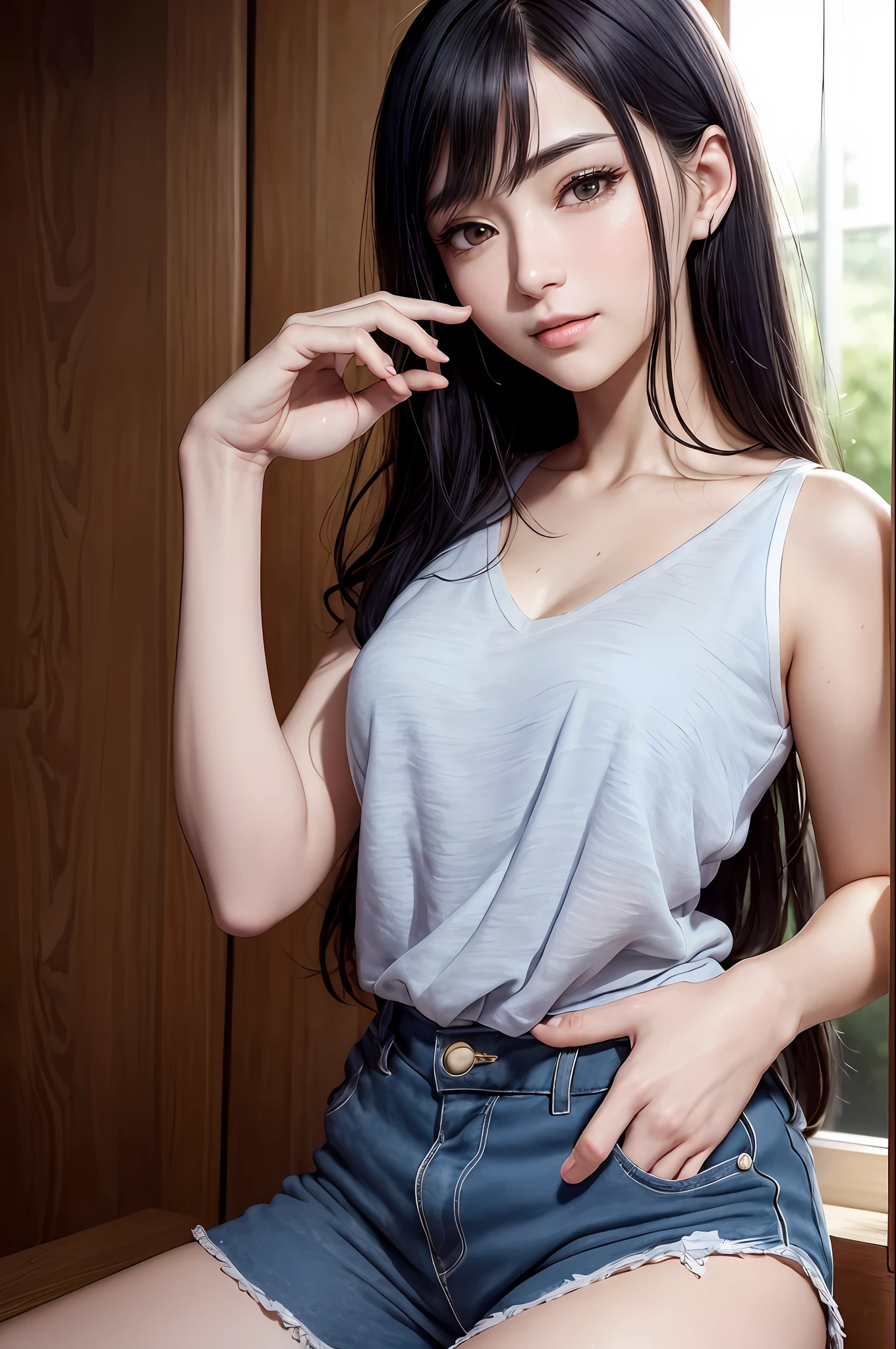 High quality fingers, normal hands, detailed fingers, masterpiece, (realistic, photo-realistic: 1.37), (22-year-old woman), Hinata Hyuga, medium chest, small waist, dark blue hair, white eyes, beautiful face, perfect lighting, beautiful detailed eyes, looking at the viewer, incredibly beautiful woman, detailed hairstyle, detailed background, shorts, detailed fantasy background, (sweat: 1)
