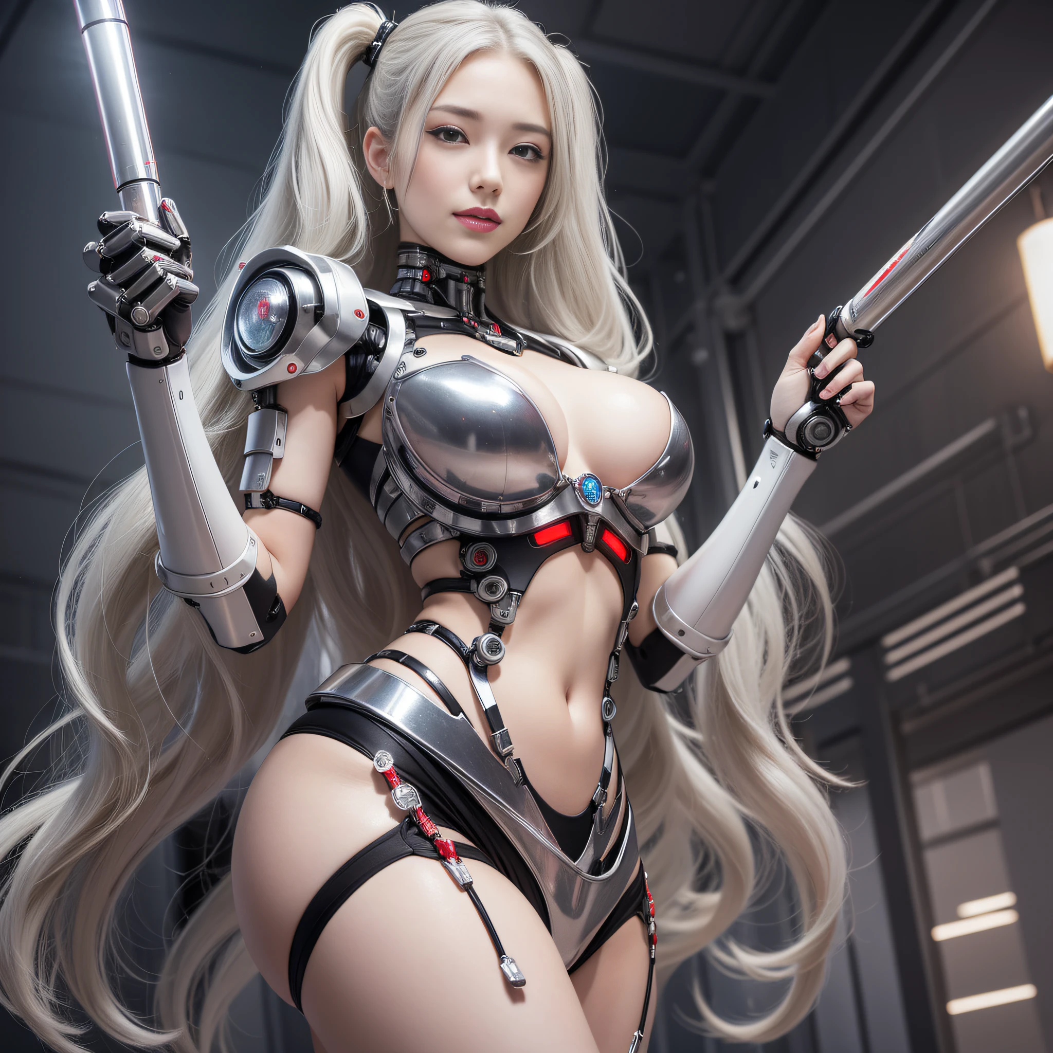 Beautiful Face,face is Japan, 1 Woman, Big, Curvaceous, (16k, RAW photo, top quality, masterpiece: 1.2), (HDR, Realistic, Photorealistic: 1.37) (tube attached to the body), (Bikini Cyborg robot parts)))), (light gray hair), Long hair, Wavy hair, Twin tails, Medium shot, ( Seductive smile)), (black eyes), princess cut,from below,(whole body),posing,,in the lab,( tube connected to blood vessel),((mechanical vertebrae attached to the back)),((mechanical neck attached to the neck)),(wire cable attached to the head and body),(character focus),science fiction,perfect female figure,perfect anatomy,ultraanatomy, Full body shot, up to 4 fingers and 1 thumb relationship,