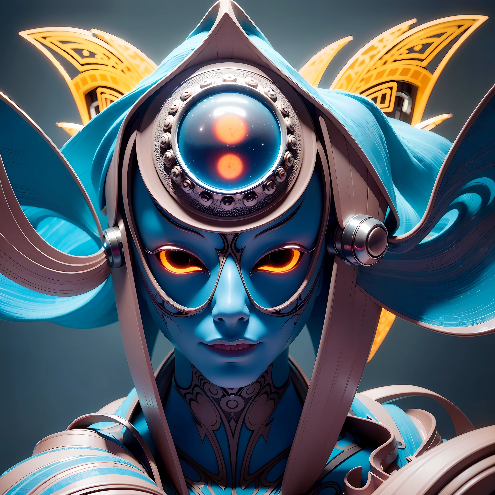(kittybot shaman DMT aura with a transparent helmet with a protruding brain: 1.4), (metal wings: 1.2), (hyperloop car flask mask: 1.2), (kawaii cyberpop fractal art: 1.6), (Tobias Gremmler art style of fluid and dynamic forms: 1.6), (organic-geometric mix: 1.6), (the shaman's head reflects happiness as a mood and mind in surreal ways: 1.2), (mask creates motion and warping in light: 1.3), (ultra-high resolution: 1.4), (ray tracing illumination: 1.4), (subsurface scattering skin: 1.2), (particle effects: 1.4), (depth of field: 1.4), (geometric-dotist abstraction: 1.6), (generative fluid fractal algorithm: 1.6).