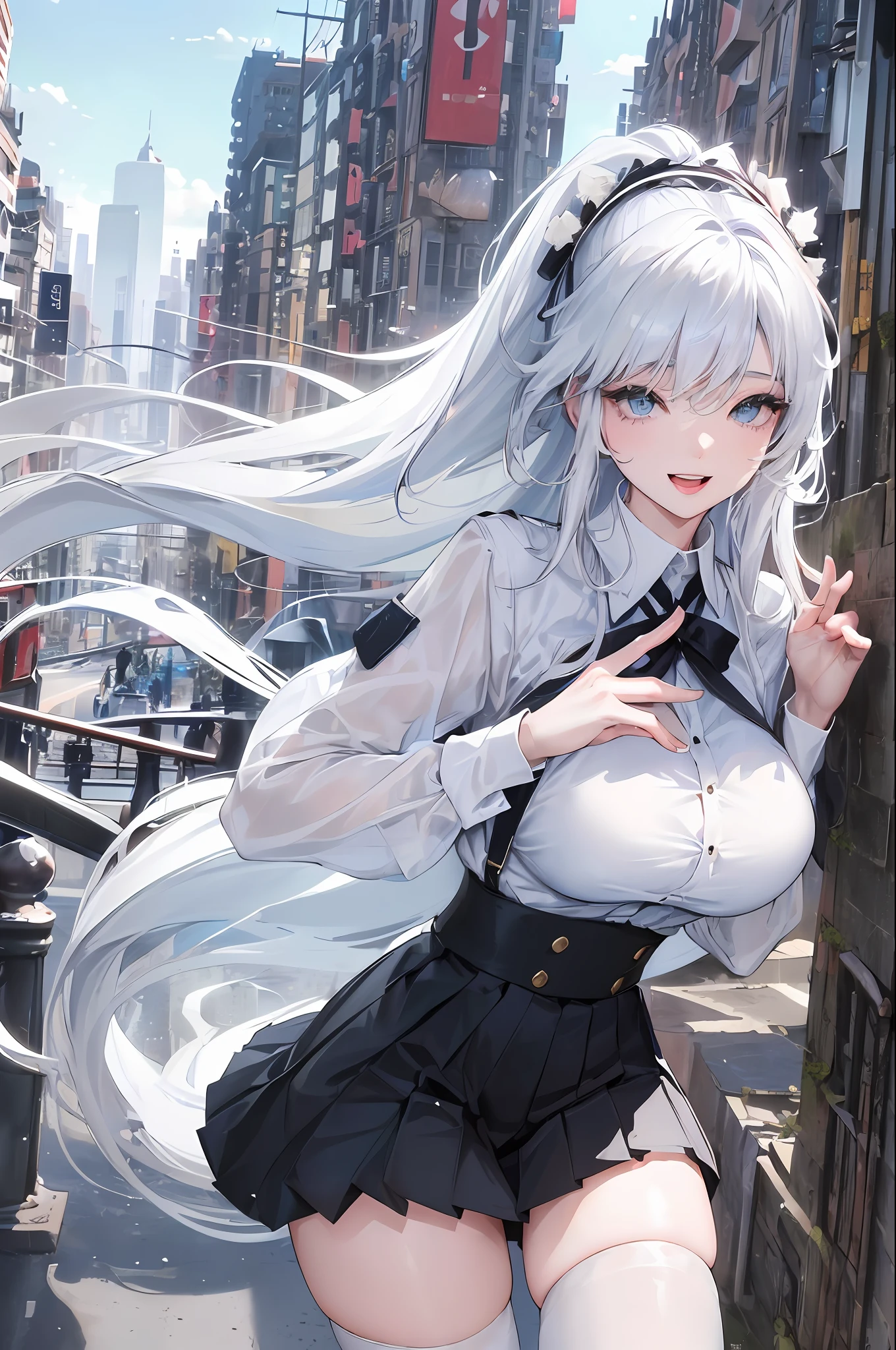 Official Art, Masterpiece, Sharp Focus, (Beautiful Gorgeous Cute Korean Woman: 1.3), (Beautiful Cute Korean: 1.3), Korean Beauty, Delicate Beautiful Hair and Eyes and Face, Realistic, Ultra Detailed, Beautiful Girl, Blue Sky, Glowing White Particles, (Sidelighting: 1.2), Sunlight, White Clouds, Delicate Clouds, Slender, Cute Big Breasts Big Buttocks, Toothy Laughing, ((Laughing with Eyes Open)), Landscape, Long Straight Hair, Sexy Facial Expressions, Architecture, ( cityscape:1.7), dynamic hair, long straight hair, fine white hair, glowing blue eyes, (white pleated shirt + black skirt), white stockings, pale skin, hair accessories, epic landscape,