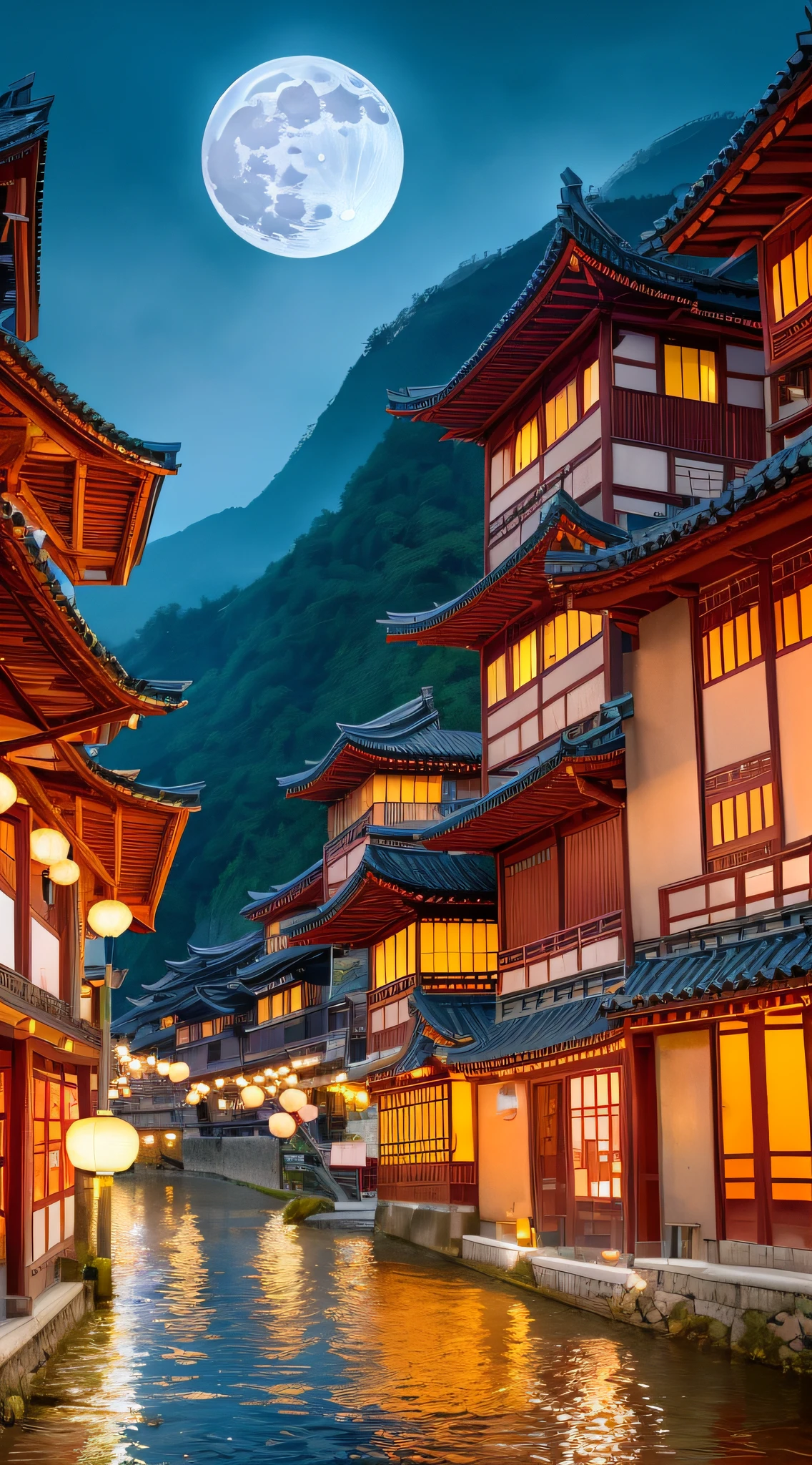 Beautiful view of village with lots of lights on buildings, dreamy Chinese town, Chinese village, amazing wallpaper, Japan town, Japan village, ultra realistic town pictures, old Asian village, Japan city, by Raymond Han, rainy night, cyberpunk Chinese ancient city, beautifully lit buildings, rainy evening, beautiful and aesthetic, 8K octaE rendering photos, photos, cinematic, 8K, high detail (( Full moon in front)))