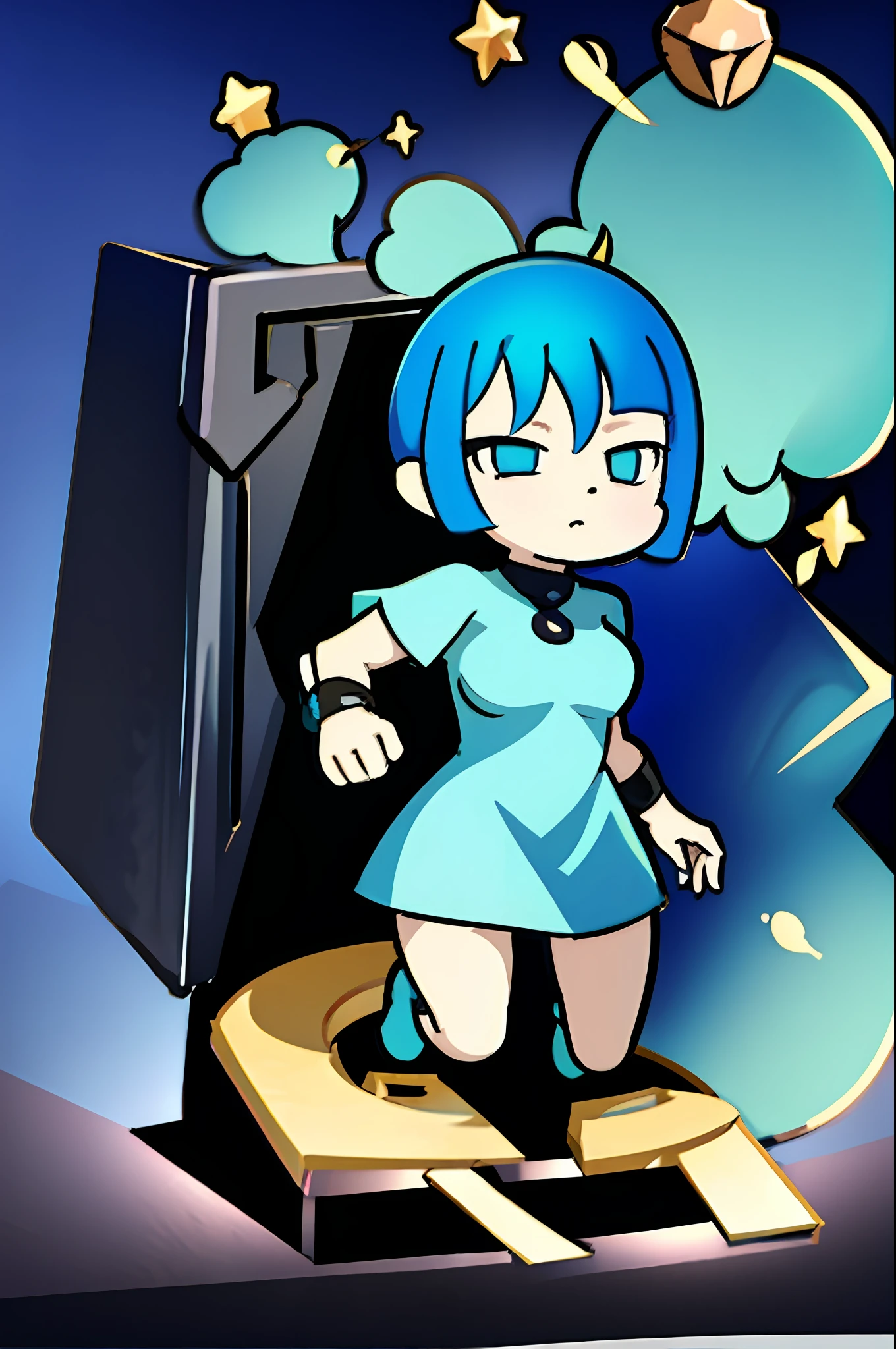 Cartoon girl with blue hair, blue hair girl, blue short hair woman, blue hair , blue hair, blue head, this character has frozen sports, 2D anime style, pale young girl big tits naked tits