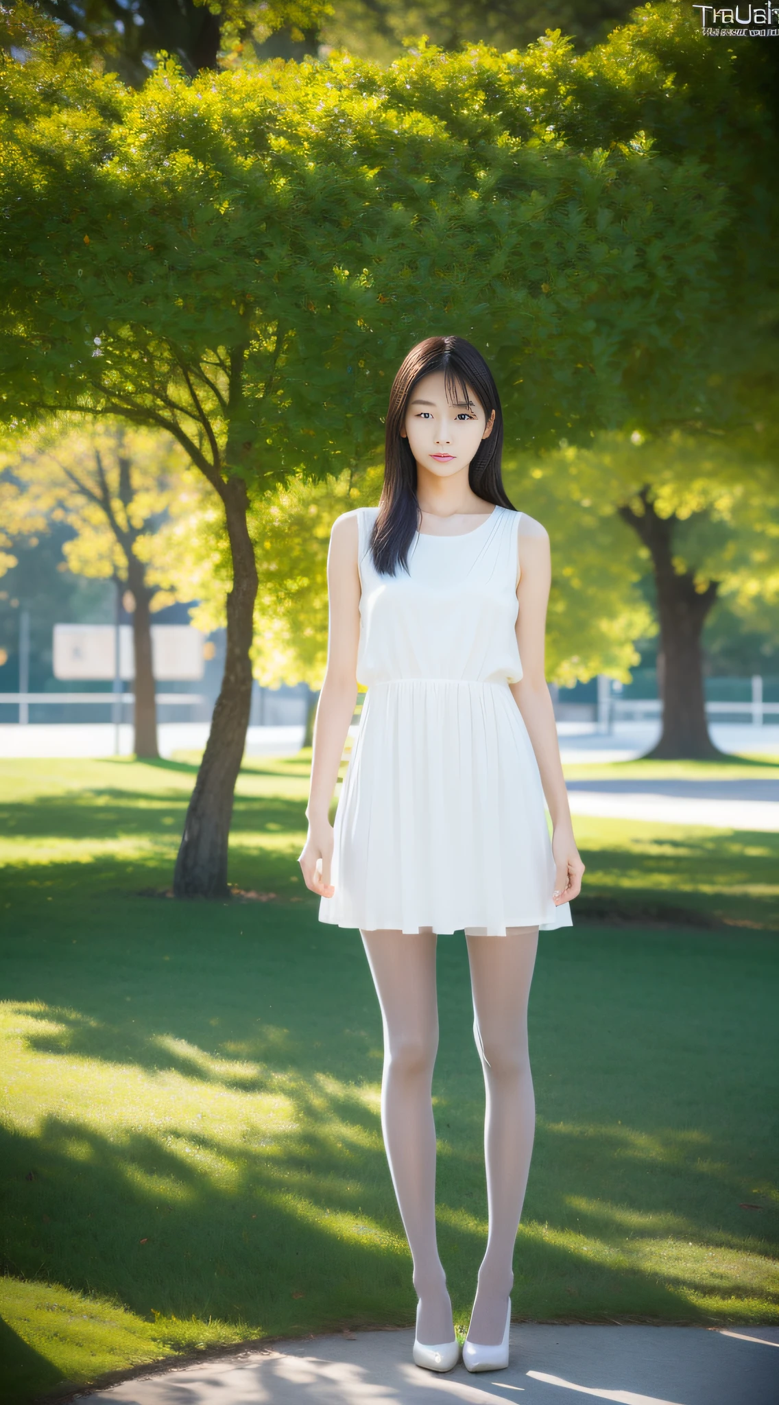 An Asian girl, delicate facial features, vivid eyes, tall figure, masterpiece, 8K, RAW, professional photography, more details, award-winning work, ultra high definition, retina screen, solution learning correct, (trueness: 1.4), dress, (colorless pantyhose: 1.4), soft light, full body view, 85mm, college campus