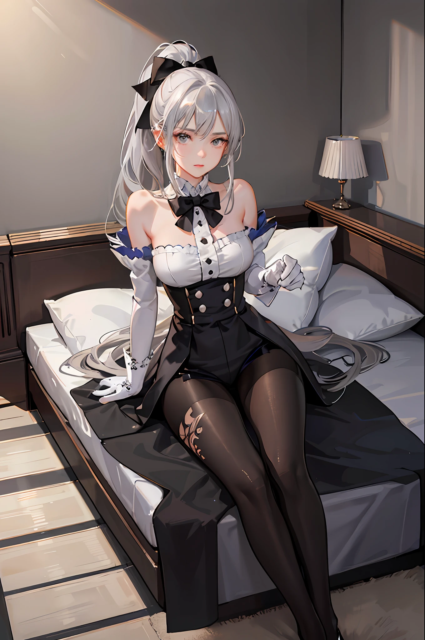 1 girl! Ray tracing, best shadows, high resolution (dim lighting) detailed background (bedroom) (fluffy silver hair, busty and slim girl) (with high ponytail) restlessly in the bedroom, avoiding blonde eyes (wearing intricately embroidered black high-waisted pants with pantyhose and white ruffled bow gloves), showing a delicate slim figure and graceful curves, correctly positioned limbs! Sitting on the bed, the facial features are delicate! Pay attention to the details of the position of the legs! Pay attention to finger details! High quality! More eligible! Reduce mistakes! Ultra-detailed CG, the picture is more reasonable.