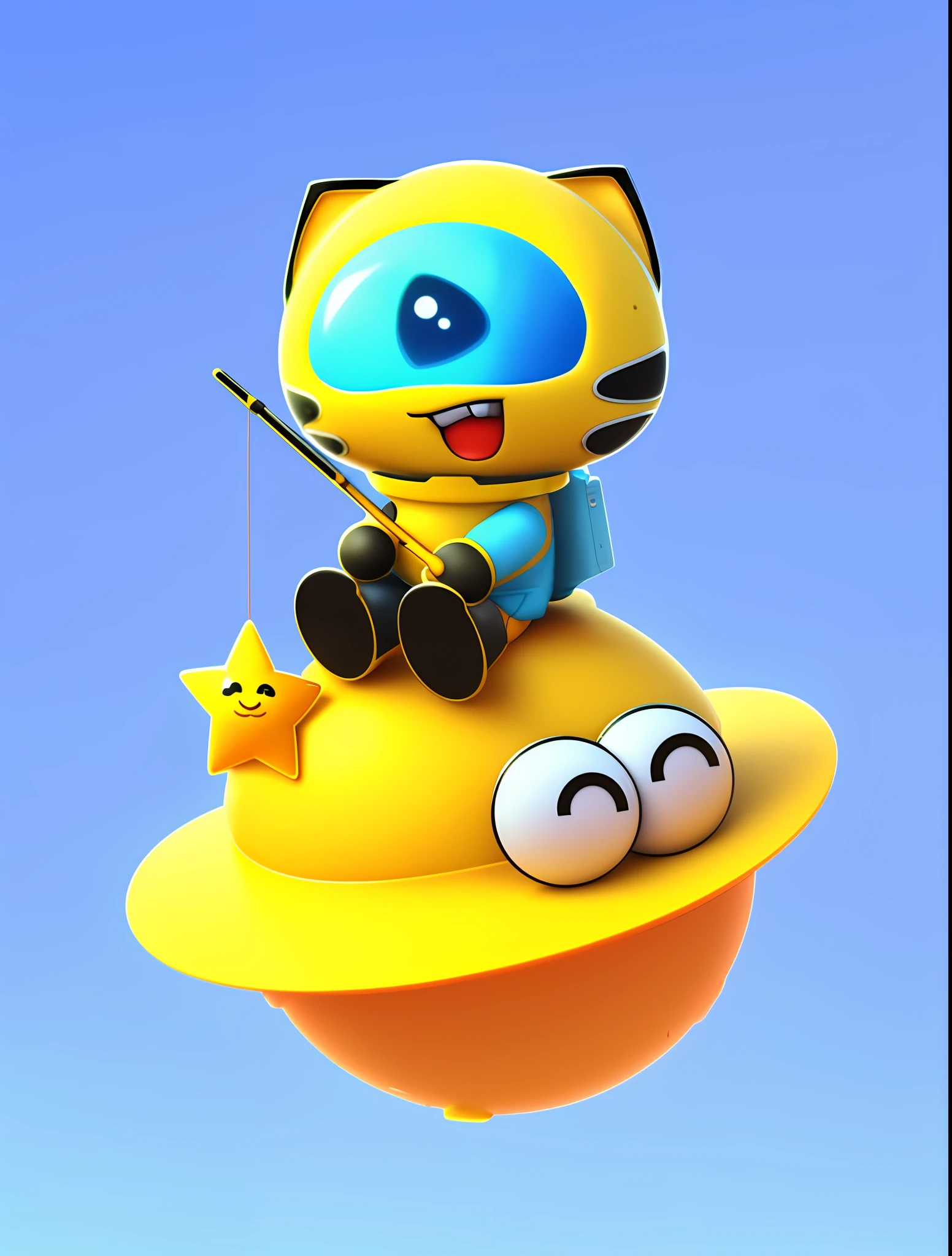A cartoon cat sitting on top of a yellow ball, holding a fishing rod, telegram sticker, Acrace catoon, space cat, Pikachu in space, cat in space, sitting on the moon, telegram sticker design, smol, don mo, gumball Watson, Minions in space, Son of Heaven, Sanrio, astronaut cat, chibi, kitten in outer space, 3D, pixel