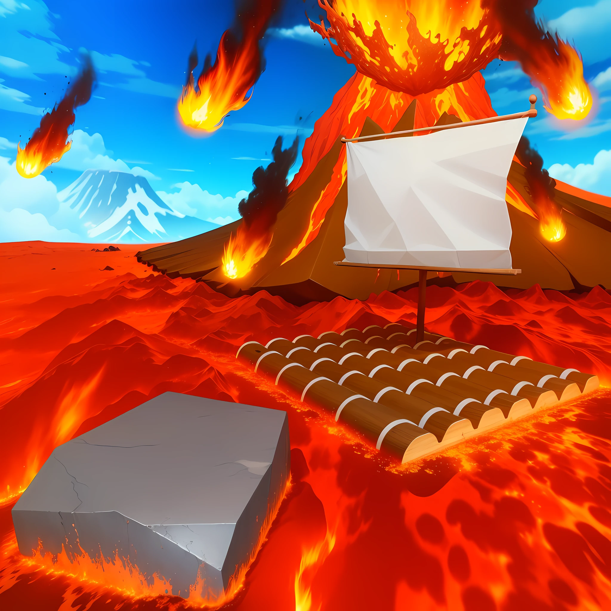 Wooden raft, Stone, lava floor, volcano exploding in background throwing fireballs, Blue sky, Ray tracing, Ambient occlusion, SSAO --auto --s2