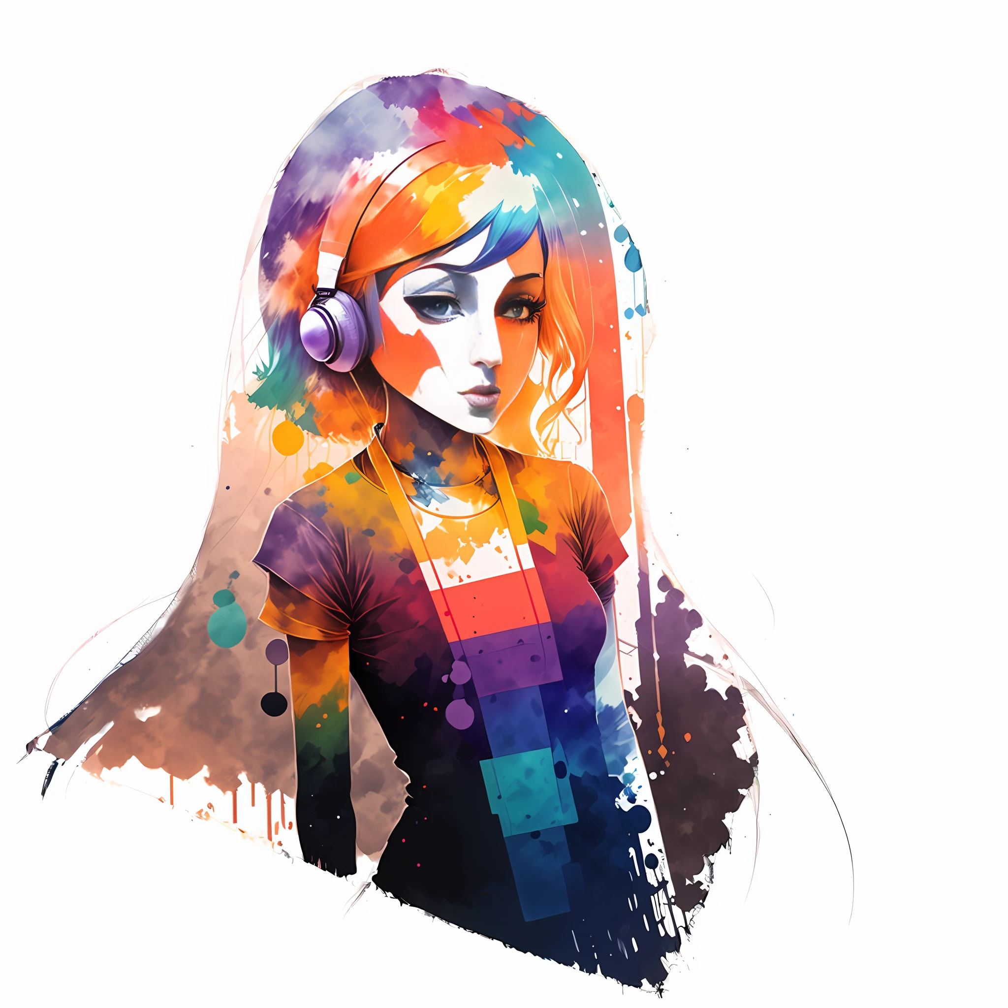 a painting of flat colors, rainbowshift person listening to music, music notes, Synesthesia