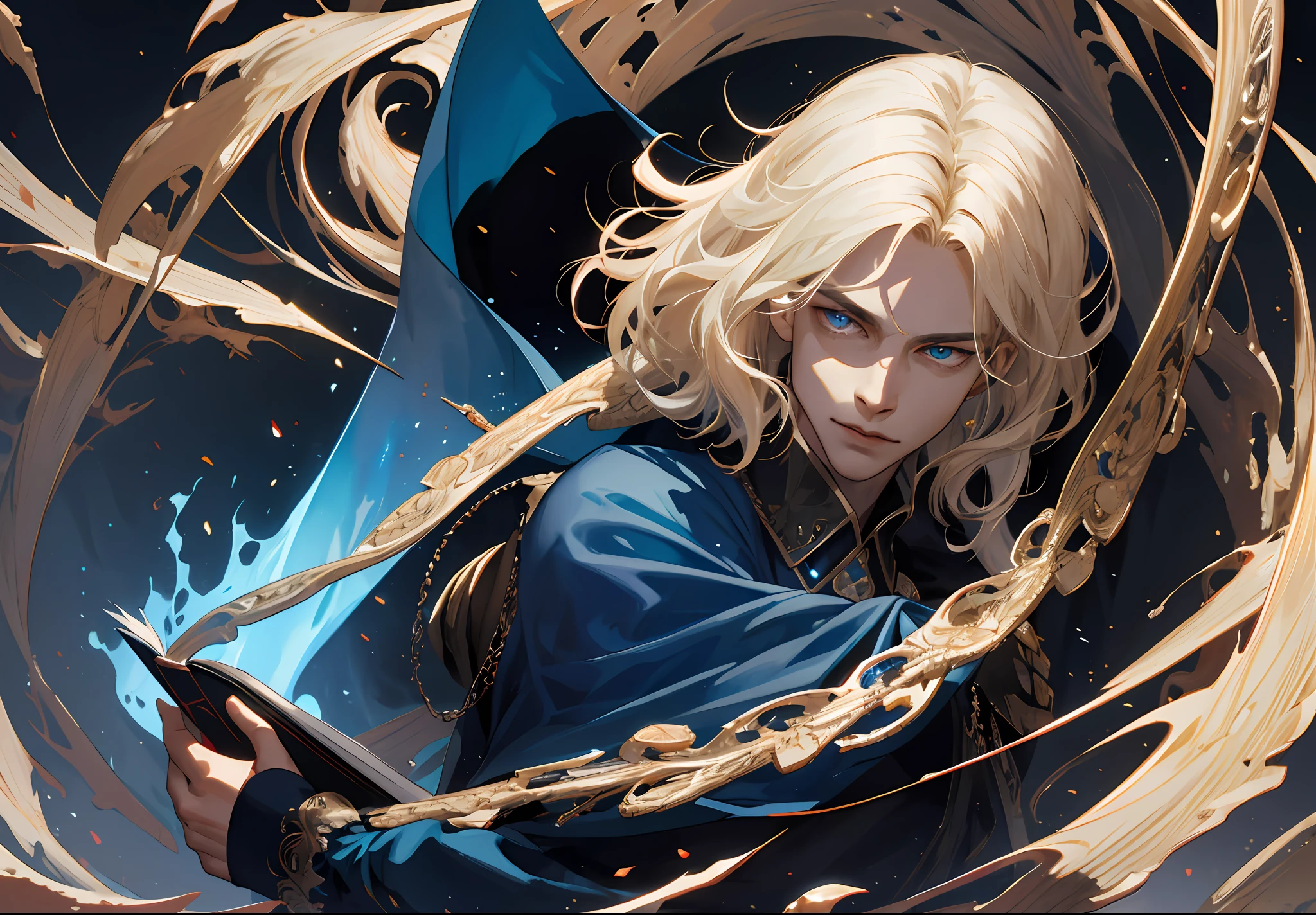 (absurdres, highres, ultra detailed), 1 male, young, handsome, tall lean guy, shoulder length hair, curly blonde hair, wavy bob, platinum blond hair, ruby eyes, feminine features, gothic ouji male clothing, finely detailed eyes and detailed face, extremely detailed CG unity 8k wallpaper, intricate details, (style-swirlmagic:0.8), portrait, looking up, solo, half shot, detailed background, sinister, focusing, pursed lips, holding a book, hovering in air, (color waves), fire in the background, dynamic pose, blue colored cape, hair flowing in the wind, realistic fantasy, grim dark realistic lighting, rim lighting