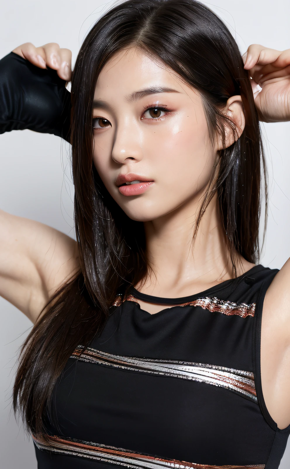 ((Top Quality, 8K, Masterpiece: 1.3)), Sharp: 1.2, Perfect Body Beauty: 1.4, Slim Abs: 1.2, ((Layered Hairstyle, Big: 1.2)), Wet: 1.5, Highly Detailed Face and Skin Texture, Detailed Eyes, Double Eyelids, Camera View Aspects, Black Hair Shortcut, Fighting, Bullish, Muscle, Sweat, (Pro Wrestling: 1.2)