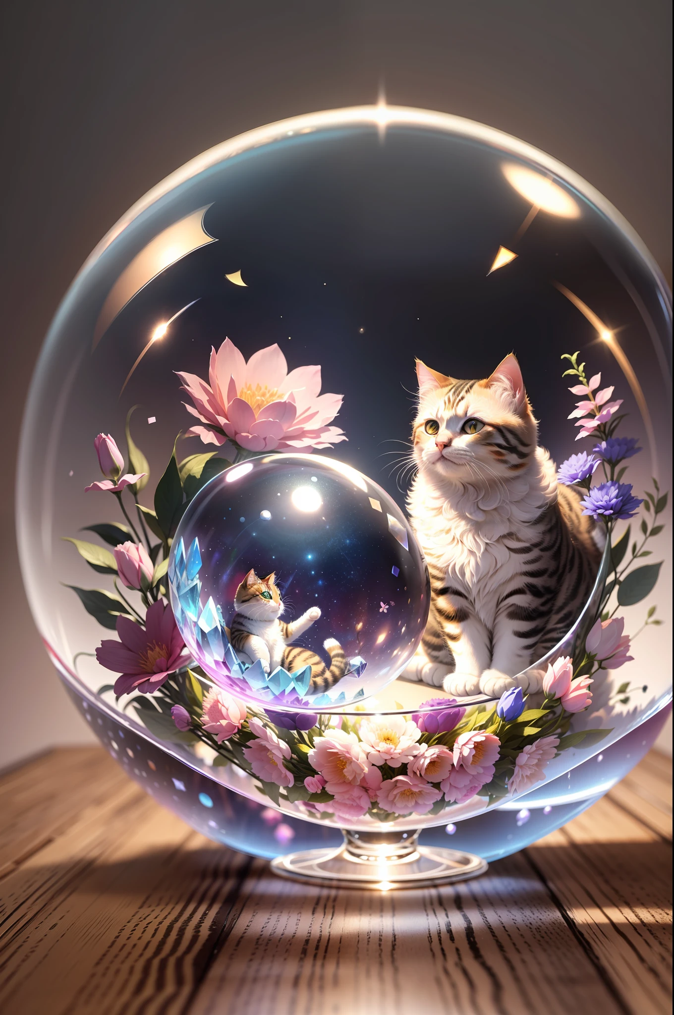 4k, very detailed, adorable chubby fluffy cat sitting in a crystal sphere, cat placed inside a sphere, beautiful flowers, magic