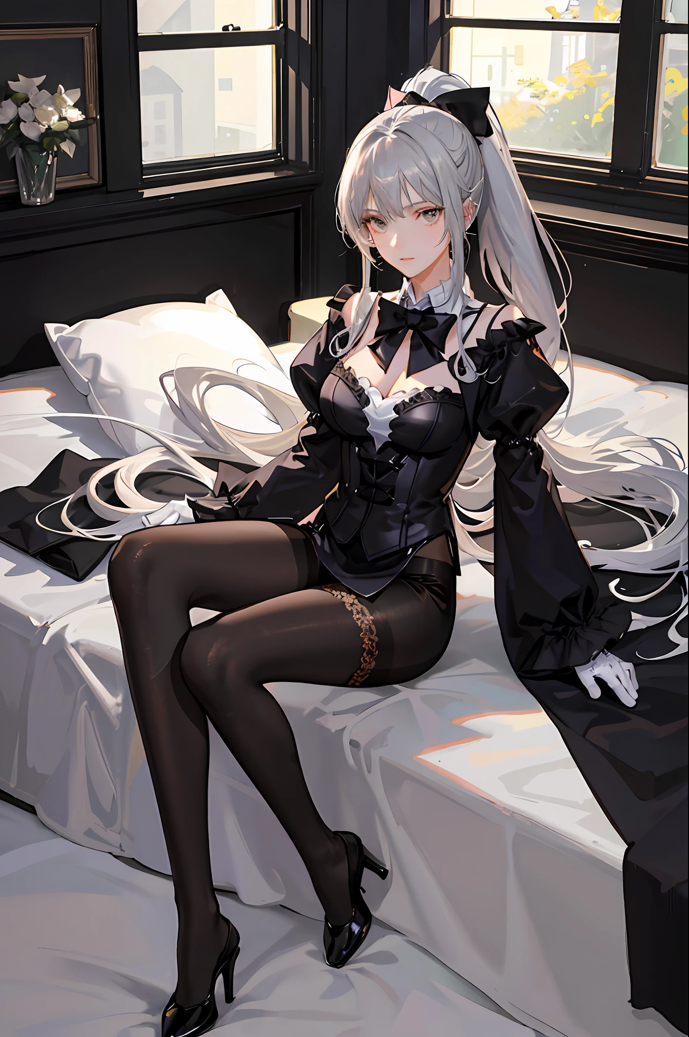 1 girl! Ray tracing, best shadows (dim lighting) detailed background (bedroom) (fluffy silver hair, busty and slender girl) (with high ponytail) alone in the bedroom, golden eyes (wearing intricately embroidered black high-waisted pants with pantyhose) and white ruffled bow gloves), showing a delicate slim figure and graceful curves, correct limbs! Sitting on the bed, the facial features are delicate! Pay attention to the details of the position of the legs! Pay attention to finger details! High quality! More eligible! Reduce errors