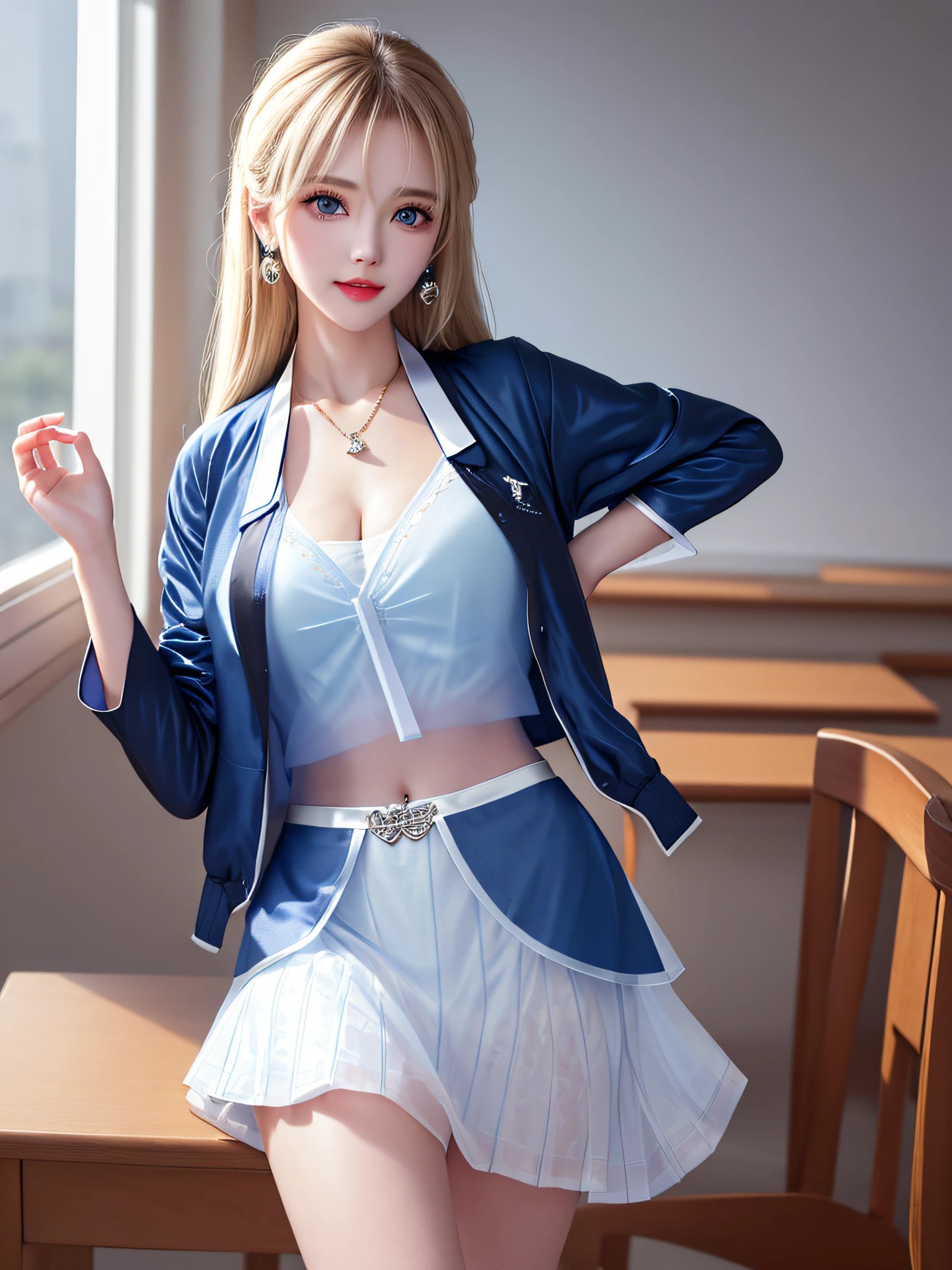 (legs open on classroom chair)), Female Teacher v6, Necklace, Earrings, Full Body V6, Long Gray Hair, Translucent Clothes, Look, Superb, Ultra High Definition, RAW Photography, Realism 1.25), (Bright Lip Gloss, Long Eyelashes, Smooth) Face, Light Bright, Natural Shadows, Wide Light, Wide Light, Depth of Field, Intense Colors, Subtle Caustics: 0.8), Smile, (Big), v6, There are windows showing various buildings in the city (absurdity, high resolution, super detail), smile, (big), v6 ((Adriaan Honnig))) girl with blonde hair and blue eyes, beautiful and thin ((white sheer blouse front opening, black silk underwear, underwear bite, sexy pose, back figure, gaze is window side, ((dark blue jacket, white sheer blouse, black mini flared skirt))