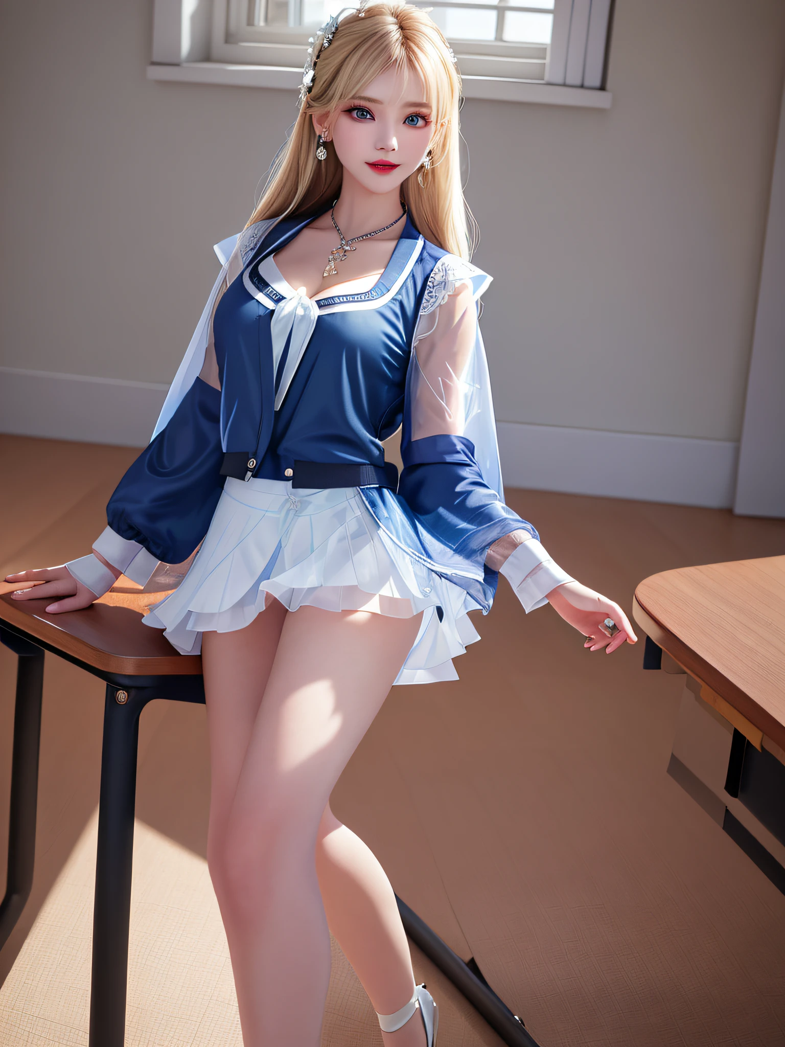 (legs open on classroom chair)), Female Teacher v6, Necklace, Earrings, Full Body V6, Long Gray Hair, Translucent Clothes, Look, Superb, Ultra High Definition, RAW Photography, Realism 1.25), (Bright Lip Gloss, Long Eyelashes, Smooth) Face, Light Bright, Natural Shadows, Wide Light, Wide Light, Depth of Field, Intense Colors, Subtle Caustics: 0.8), Smile, (Big), v6, There are windows showing various buildings in the city (absurdity, high resolution, super detail), smile, (big), v6 ((Adriaan Honnig))) girl with blonde hair and blue eyes, beautiful and thin ((white sheer blouse front opening, black silk underwear, underwear bite, sexy pose, back figure, gaze is window side, ((dark blue jacket, white sheer blouse, black mini flared skirt))