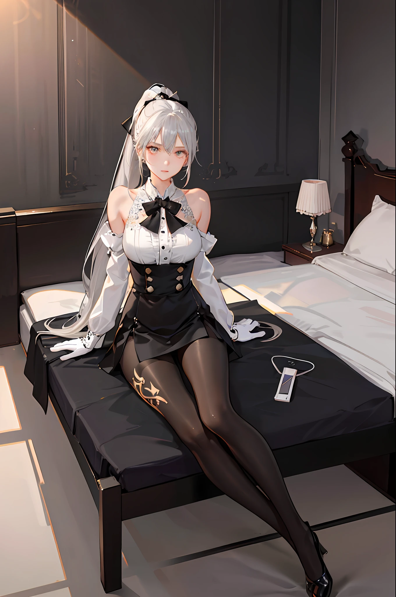 1 girl! Ray tracing, best shadows (dim lighting) detailed background (bedroom) (fluffy silver hair, busty and slender girl) (with high ponytail) alone in the bedroom, golden eyes (wearing intricately embroidered black high-waisted pants with pantyhose) and white ruffled bow gloves), showing a delicate slim figure and graceful curves, correct limbs! Sitting on the bed, the facial features are delicate! Pay attention to the details of the position of the legs! Pay attention to finger details! High quality! More eligible! Reduce errors