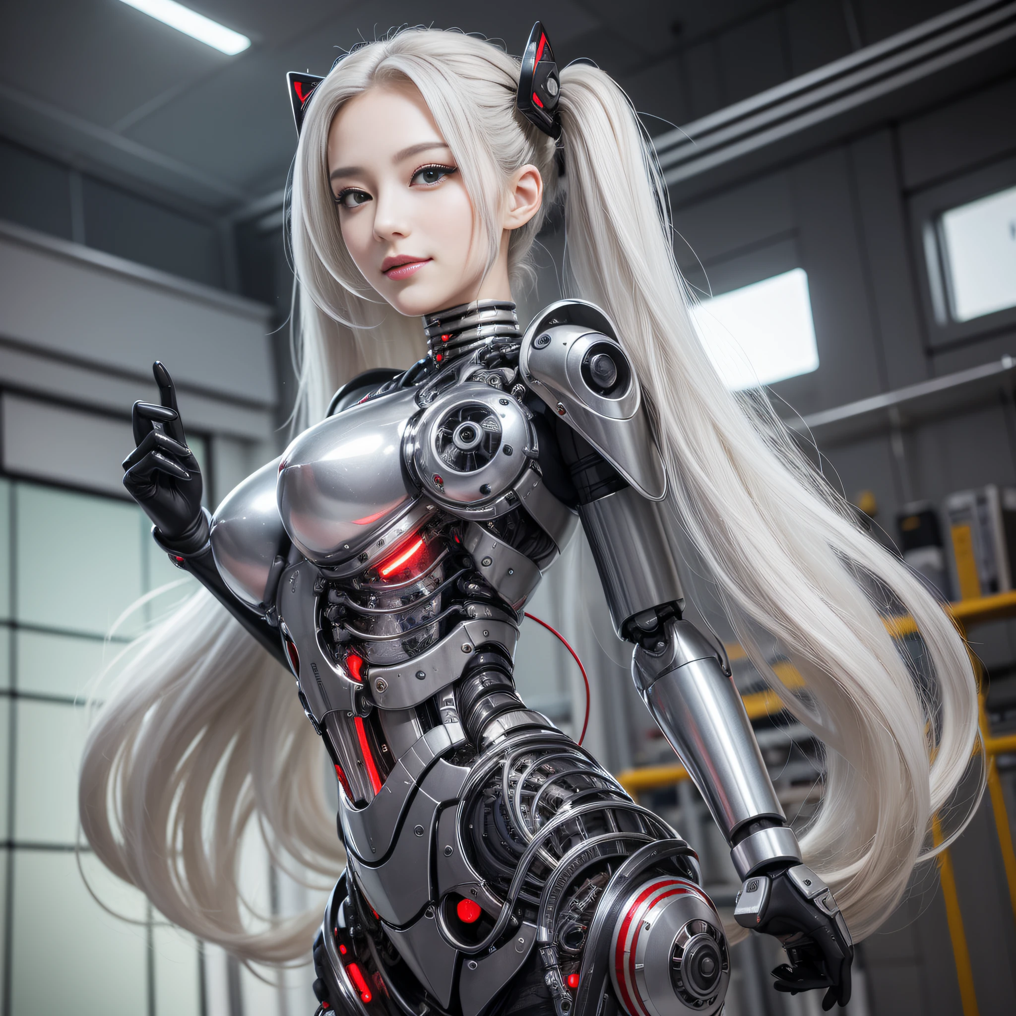 Beautiful Face,face is Japan, 1 Woman, Big, Curvaceous, (16k, RAW photo, top quality, masterpiece: 1.2), (HDR, Realistic, Photorealistic: 1.37) (tube attached to the body), (Bikini Cyborg robot parts)))), (light gray hair), Long hair, Wavy hair, Twin tails, Medium shot, ( Seductive smile)), (black eyes), princess cut,from below,(whole body),posing,,in the lab,( tube connected to blood vessel),((mechanical vertebrae attached to the back)),((mechanical neck attached to the neck)),(wire cable attached to the head and body),(character focus),science fiction,perfect female figure,perfect anatomy,ultraanatomy, Full body shot, up to 4 fingers and 1 thumb relationship,