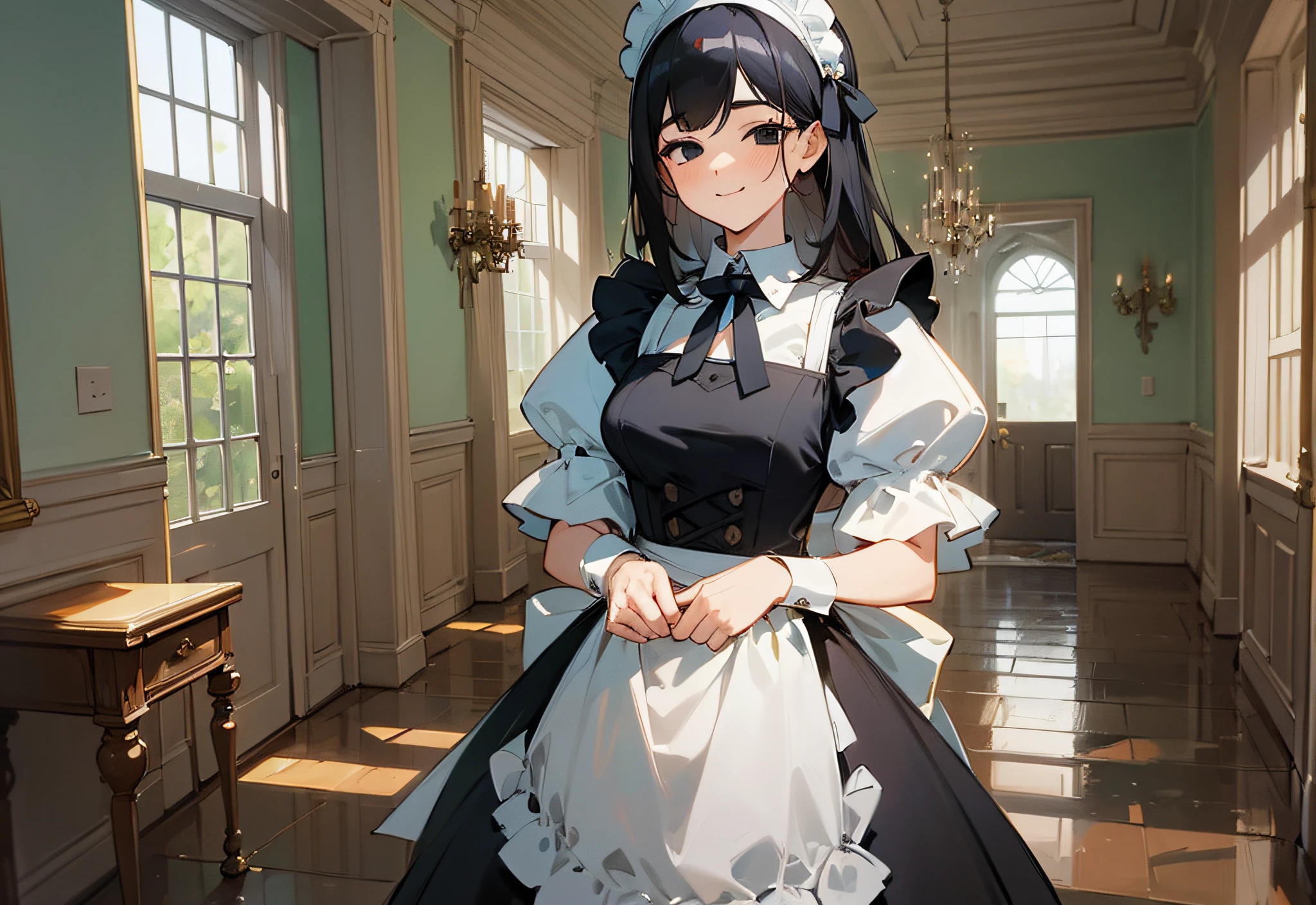 (Best quality, masterpiece), 1 woman, captivating eyes, indoor background, knee shot, modern, calm posture, maid's dress, maid's dress headband, an appropriate skirt length, moping floor, black straight hair, black eyes, soft shadow, large chest, smile, an appropriate length of the chin, twitter header image, Maid Cleaning, Housekeeping Duties --auto --s2
