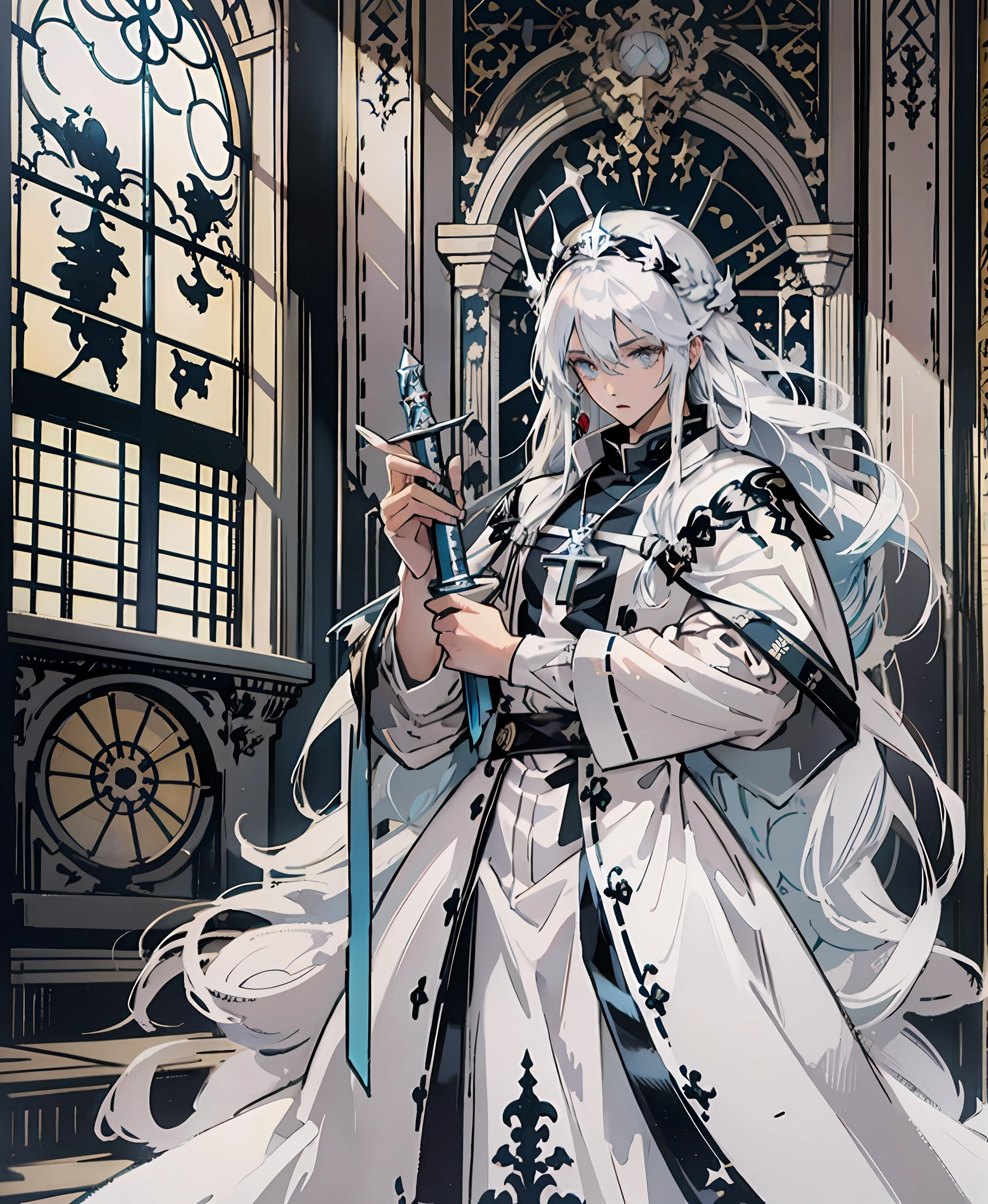 Anime characters dressed in white holding Roman short swords in front of colored windows, pictures of male popes, Guvez on Pixiv art station, dressed like pope, silver long-haired god, pope, pop on ArtStation Pixiv, Guweiz on ArtStation Pixiv, handsome guys from Arknights, demon killer art, detailed key anime art, detailed anime character art