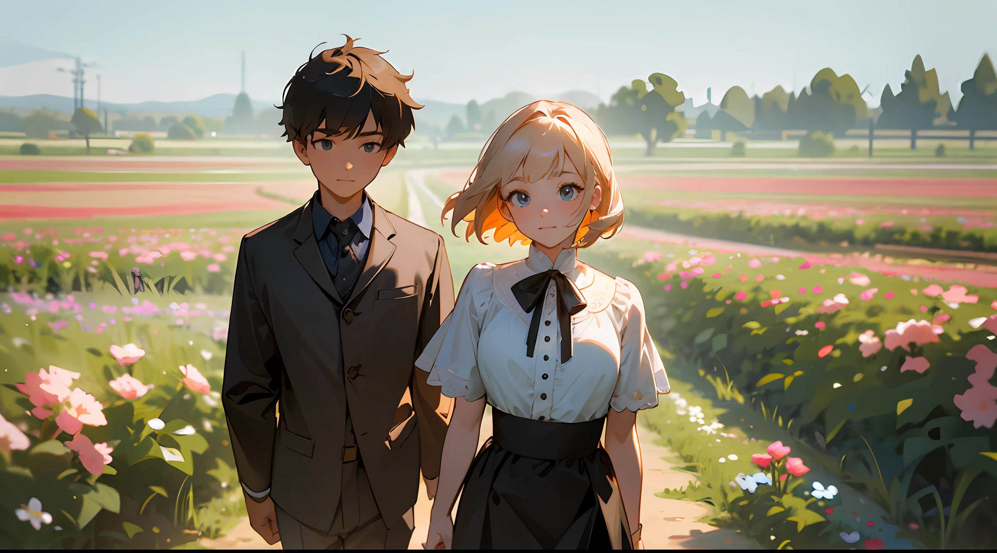 cowboy shot, bust, upper body, medium shot, medium shot, wide angle lens, depth of field, perspective, movie angle, arms behind back, masterpiece, best quality, super detailed, CG, 8K wallpaper, pretty face, delicate eyes, a boy and a girl, couple, walking side by side, walking in the garden, fields, flowers