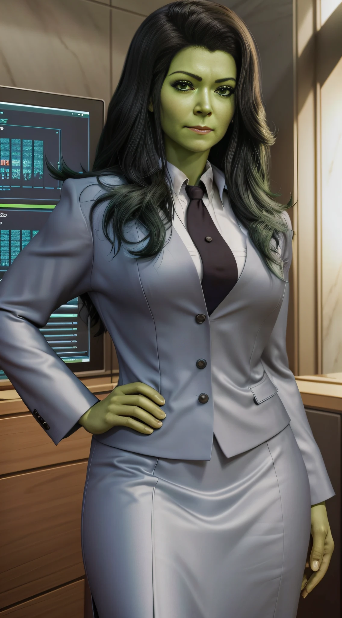 She Hulk, Jennifer Walters, black lawyer's outfit, inside a courtroom, (anatomy done), (perfect eyes and face)