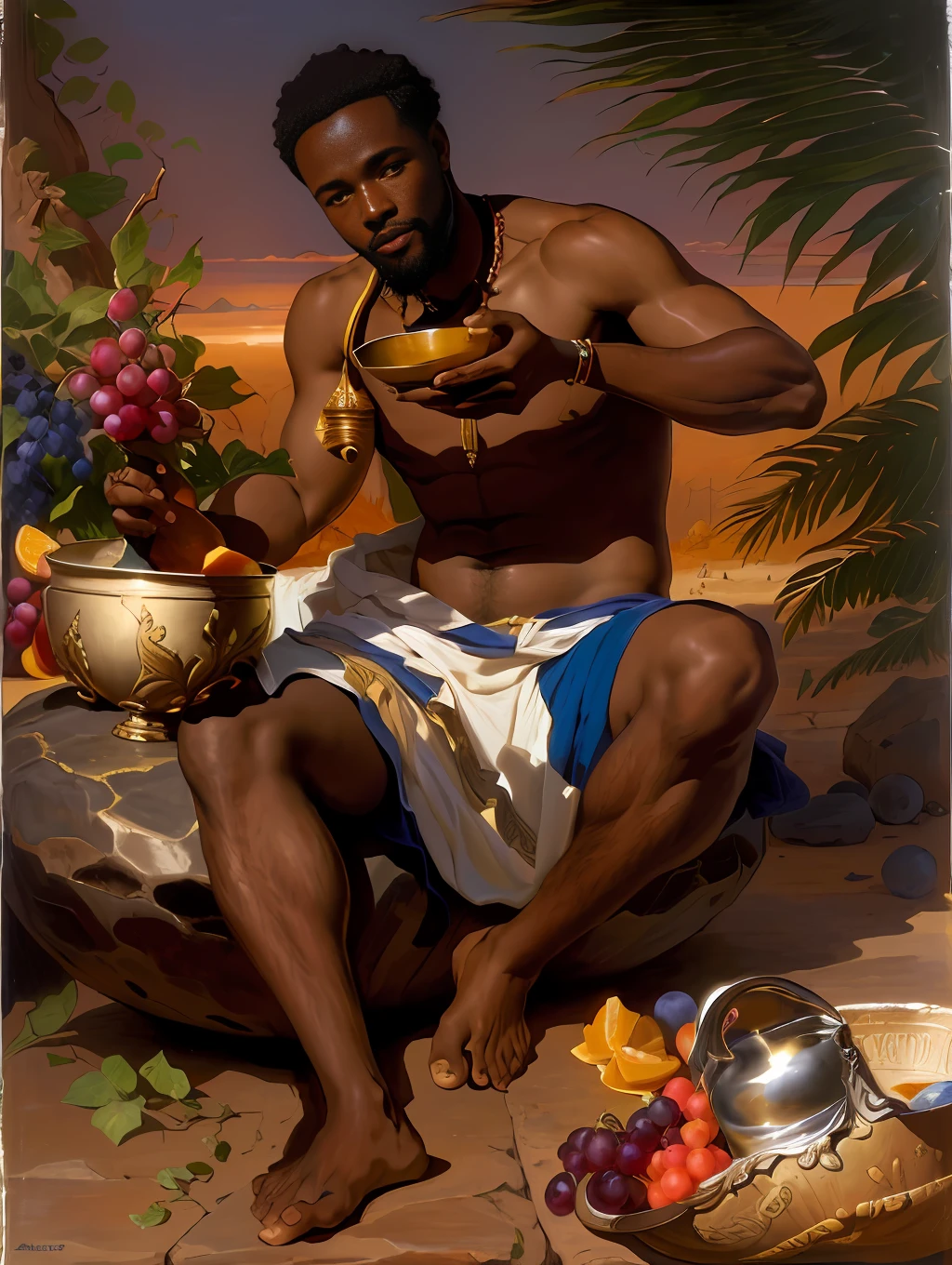 painting of an African man sitting on a rock with a bowl of fruits and a bottle of wine, african man, inspired by François Joseph Heim, by François Bocion, inspired by Carl Heinrich Bloch, by Friedrich Gauermann, inspired by François Bocion, by Johan Grenier, by Frédéric Bazille, orientalist