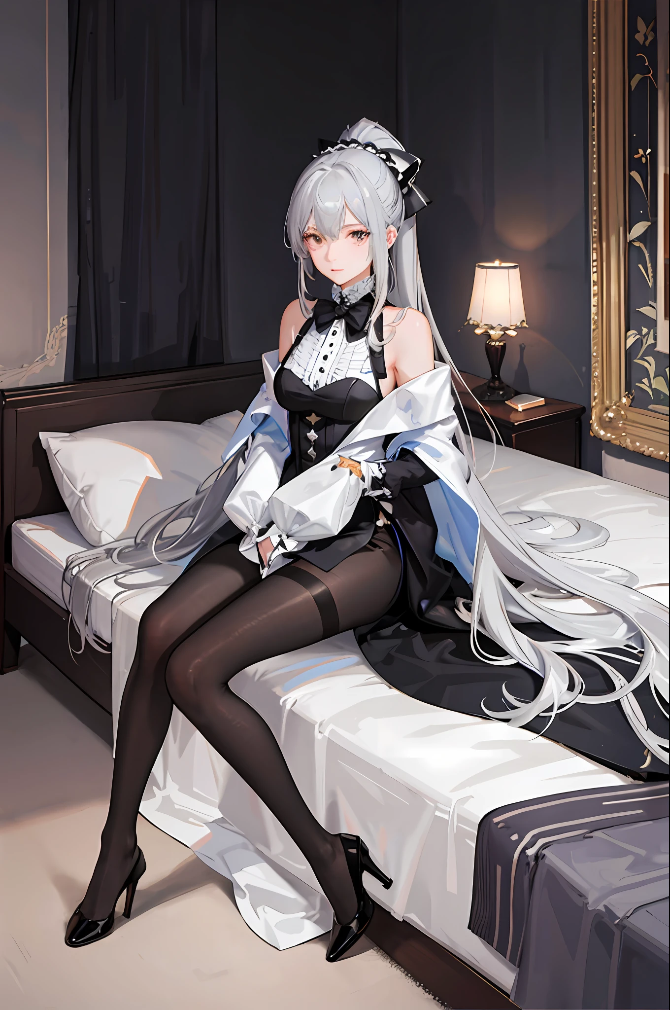 1 girl! Ray tracing, best shadows (dim lighting), [detailed background (bedroom), (silver hair), (silver hair) (fluffy silver hair, plump and slim girl) (with high ponytail) alone in the bedroom, blonde eyes (wearing intricately embroidered black high-waisted pants with pantyhose) and white ruffled bow gloves), showing a delicate slim figure and graceful curves, correct limbs! Sitting on the bed, the facial features are delicate! Pay attention to the details of the position of the legs! Pay attention to finger details! High quality
